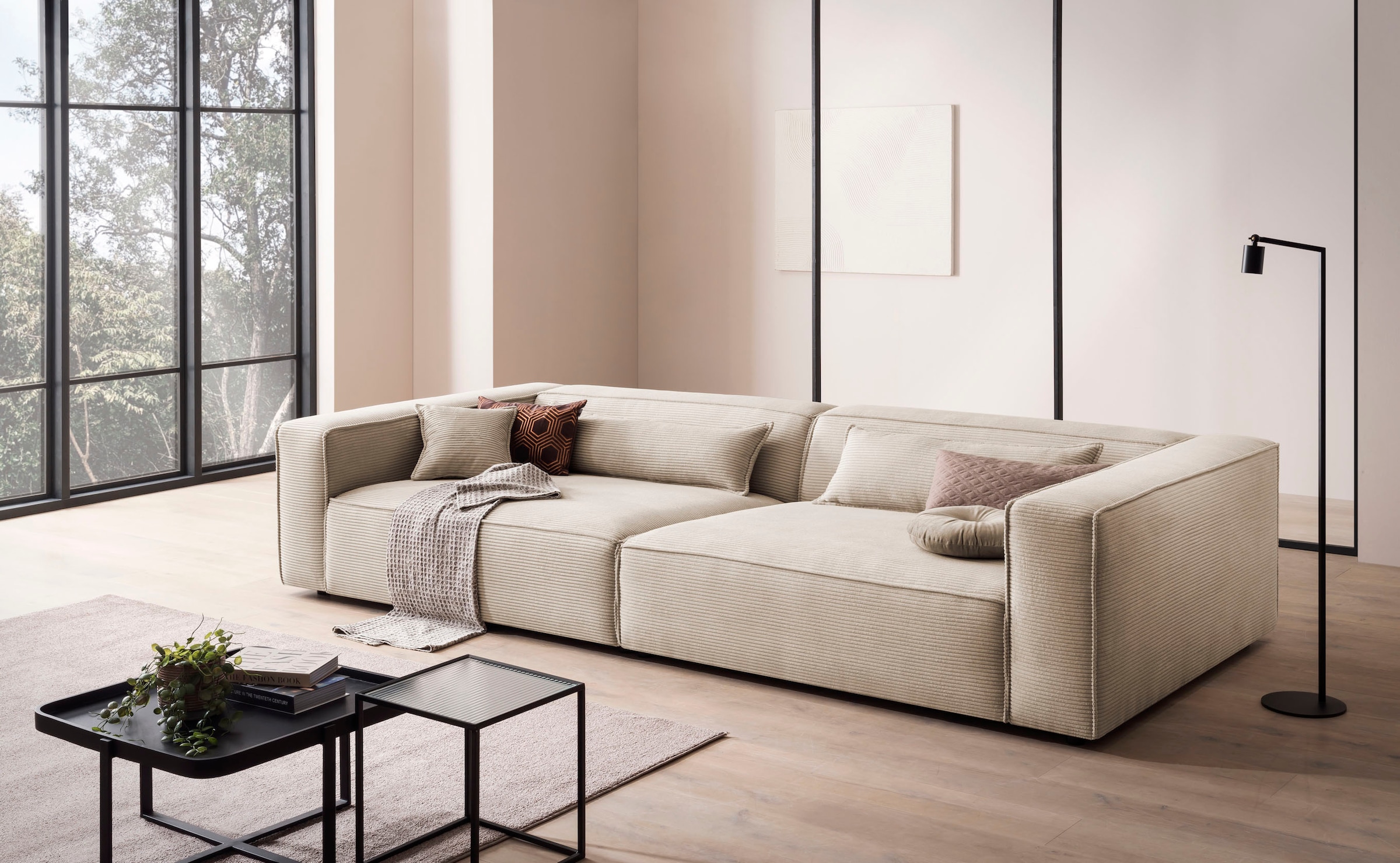 LeGer Home by Lena Gercke 3-Sitzer »PIARA, XXL Sofa mit Kedernaht, Big-Sofa in Cord oder Leinenoptik«, schwarze Füße, bequemer Sitzkomfort, extra tiefe Sitzfläche