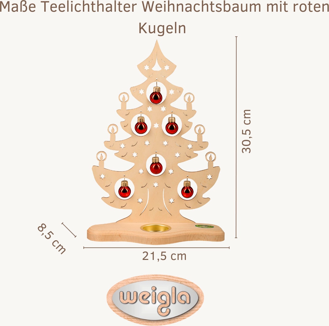 Weigla Teelichthalter »Weihnachtsbaum mit roten Kugeln, NATUR«, Erzgebirge garantiert, Weihnachtsdeko Innen, Weihnachtsbeleuchtung