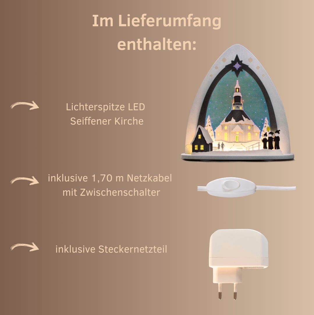 Weigla Lichterbogen »LED Seiffener Kirche,Lichterspitze aus Holz&Acrylglas, Made in Germany« 1 Stk. Erzgebirge garantiert, Weihnachtsdeko Innen, Weihnachtsbeleuchtung