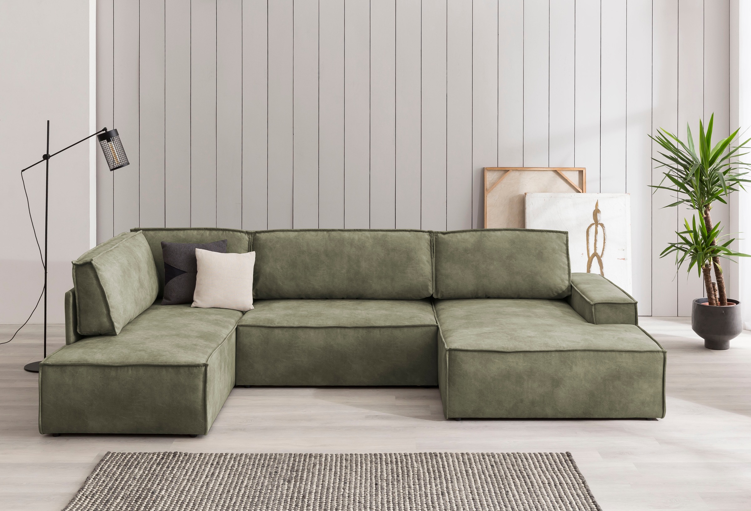 Home affaire Wohnlandschaft »SHERWOOD 329 cm, U-Form, Schlafsofa,«, Schlaffunktion m. Bettkasten (194x139 cm), Cord, Vintage, Samtvelours