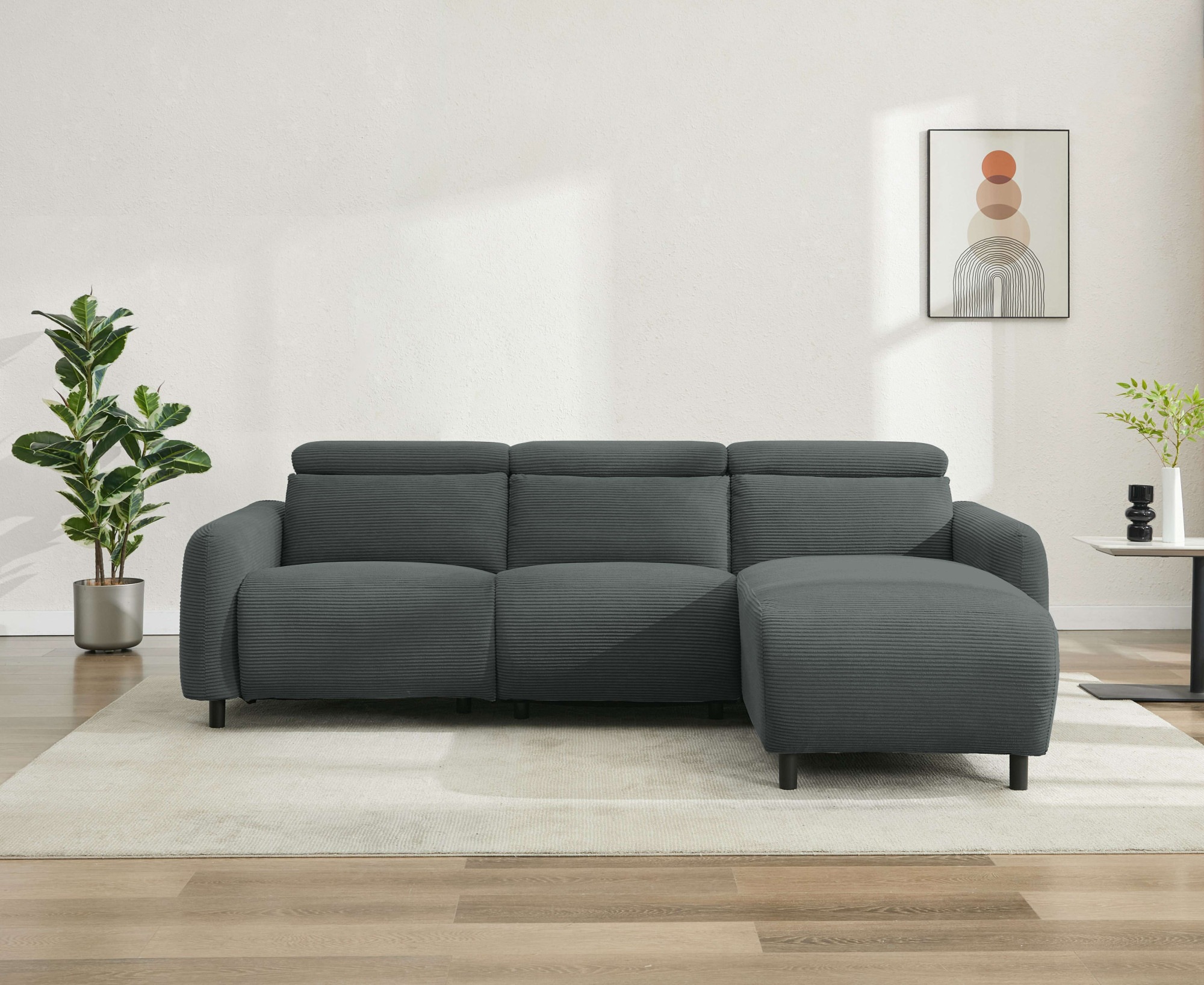Home affaire Ecksofa »SKAANE in Cord, L-Form, 274 cm, manuelle u. elektrische Funktion,«, rundes Design, Kopfteilverstellung, Federkernpolsterung