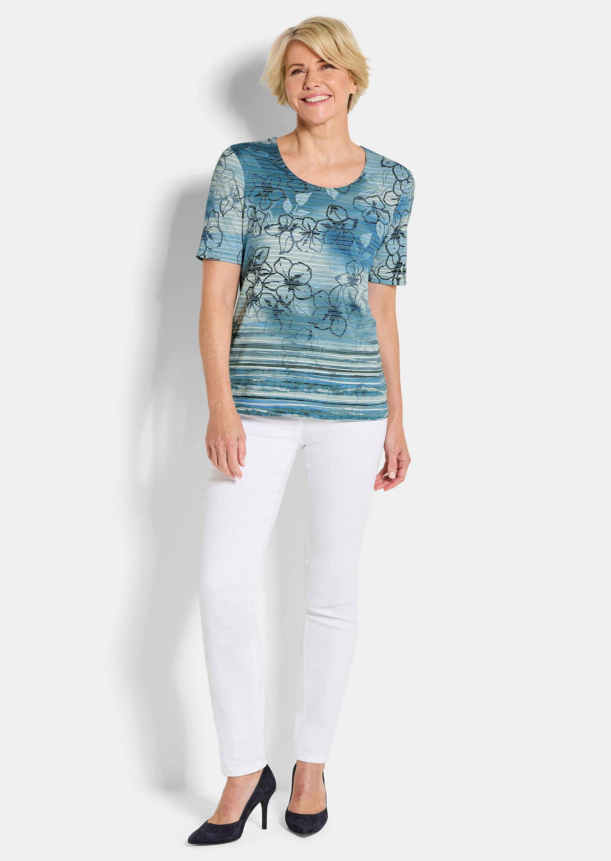 GOLDNER Kurzarmshirt »Kurzgröße Druckshirt mit floralem Muster« stretchbequemer Jersey