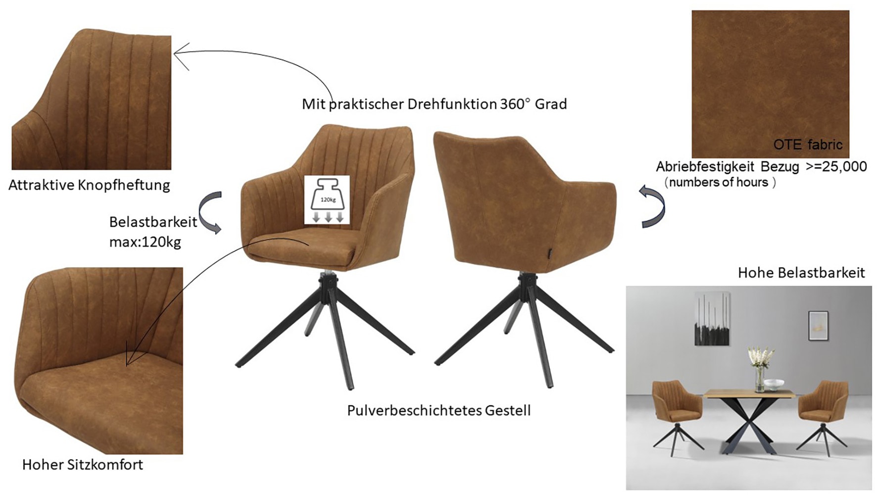 Home affaire Esszimmerstuhl »Naples, TOPSELLER!, OTTOs Choice«, (Set), 2 St., Drehstuhl 360 Grad Drehfunktion, hochwertiges Material, pflegeleicht