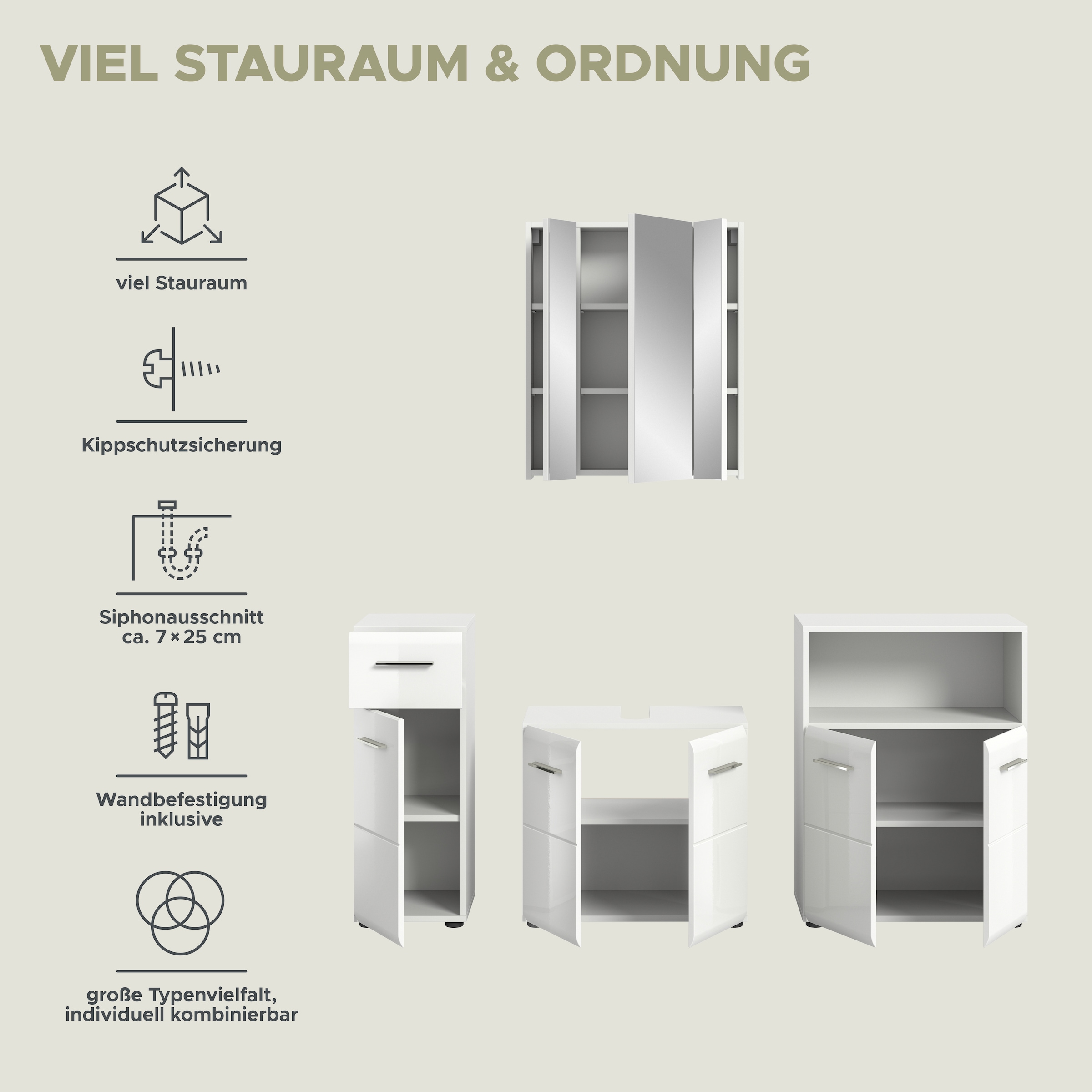 INOSIGN Badmöbel-Set »FLORENZ, TOPSELLER!, 4-teilige Badkombination, hochwertige MDF-Front«, (Unterschrank, Waschbeckenunterschrank, Spiegelschrank, Midischrank), Bad-Kombination, Bad-Möbel, Badezimmer, Kombination, Kombi