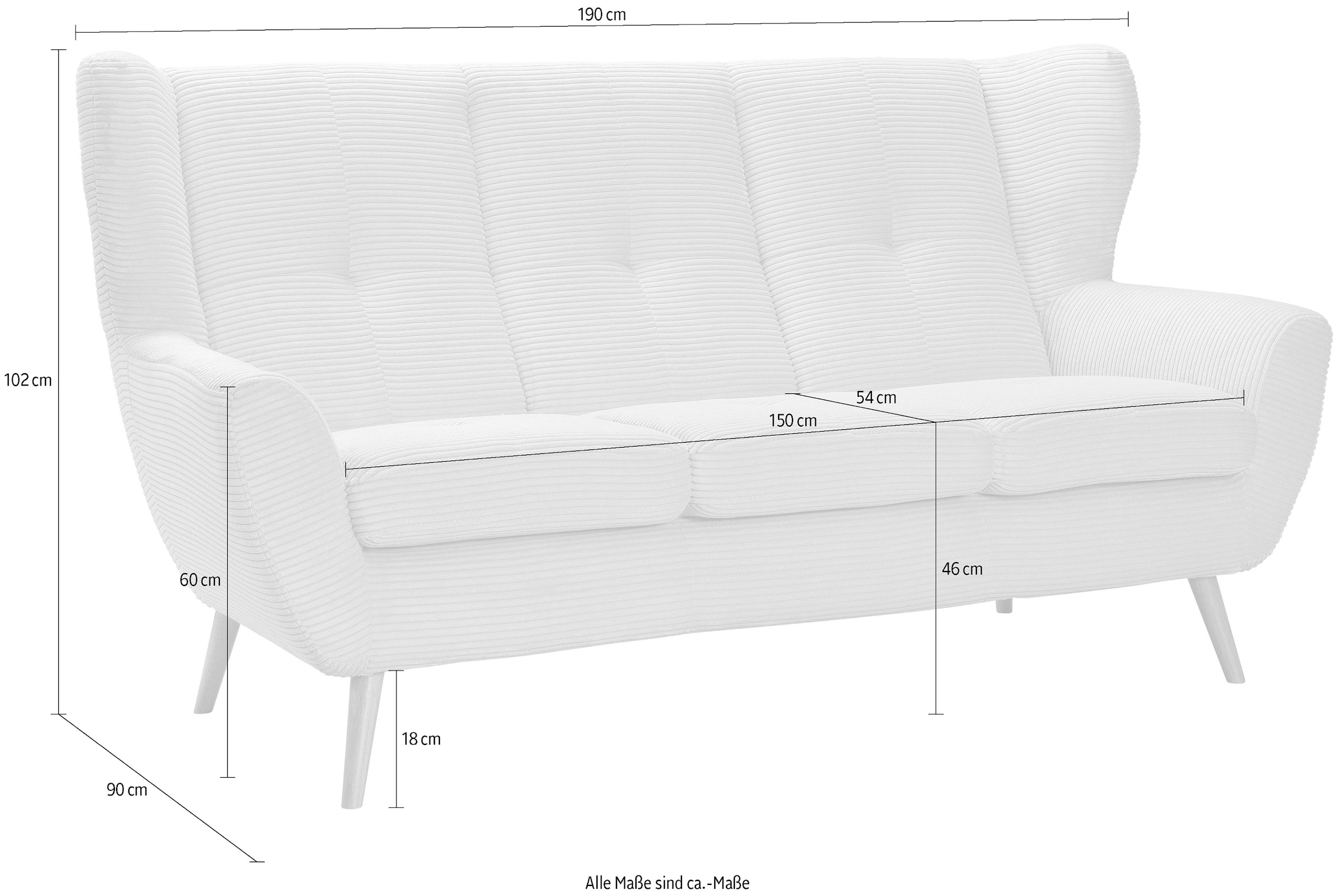 exxpo - sofa fashion 3-Sitzer »ALVESTA, Loungesofa, Küchensofa, hoher Sitzkomfort, Ohrenbackensofa«, gemütliche Rückenlehne, mit Knopfheftung und hohen Holzfüßen, in Cord