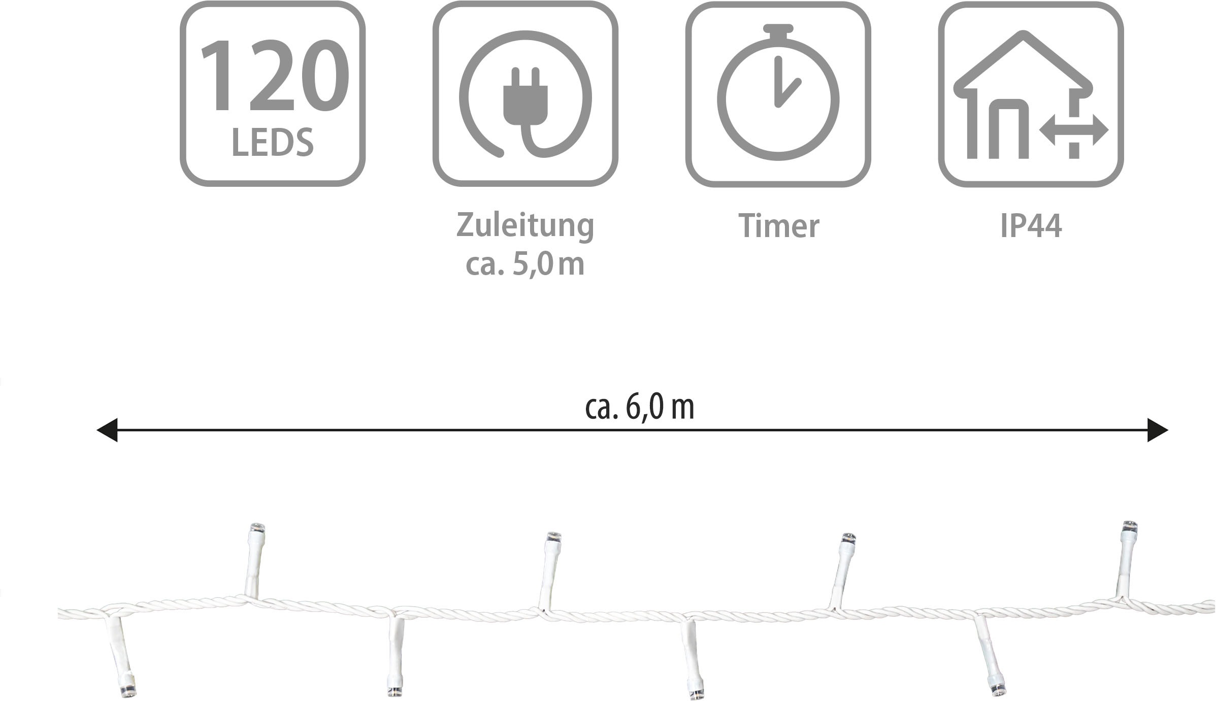 OTTO home LED-Lichterkette »in 3/6/12/18 u. 24 m Länge, warmweiß, Timer, Indoor, Outdoor, Garten« 6/18h Timer, schwarz o. weiß, 5m Zuleitung,  innen, außen, Balkon