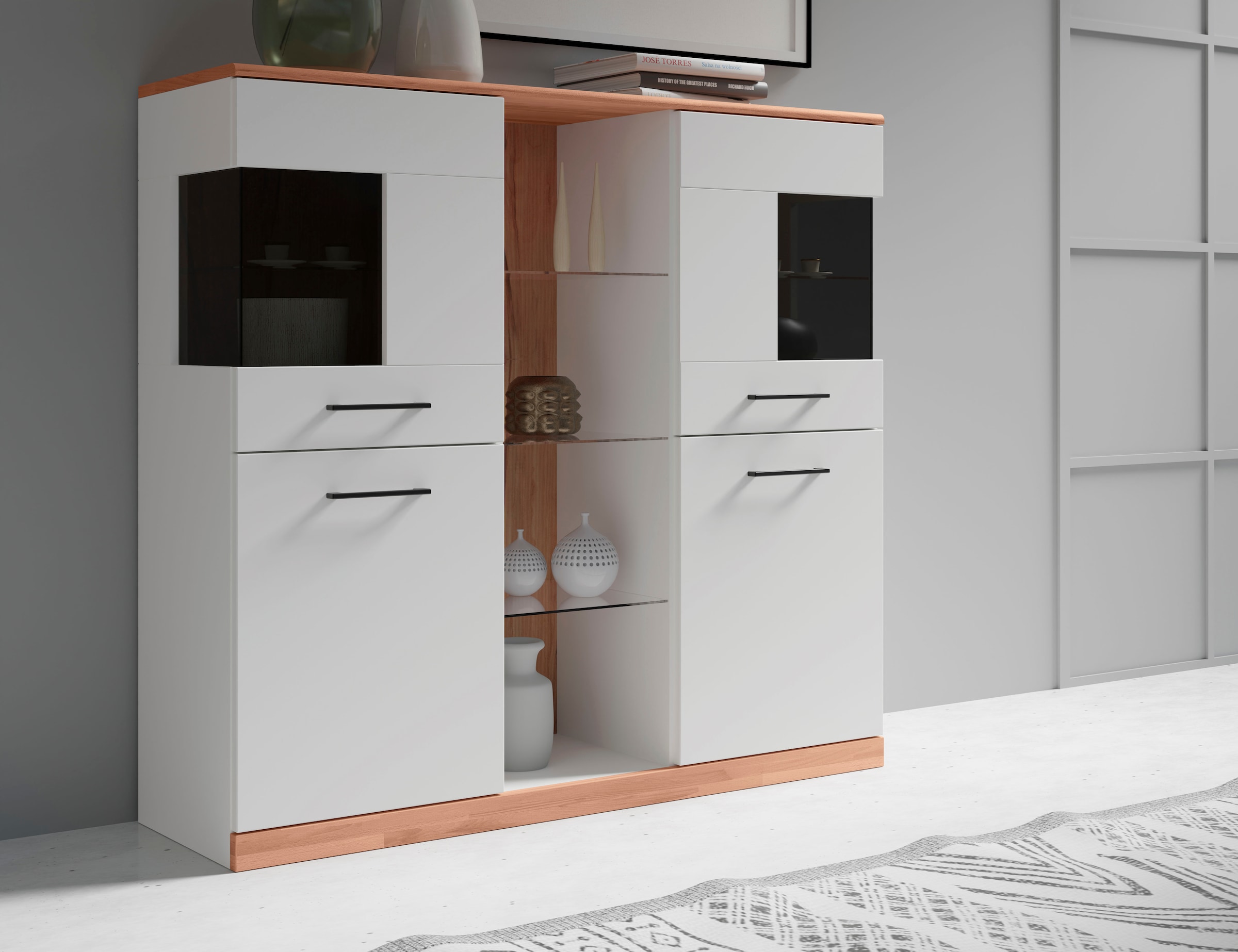 Home affaire Highboard »Ribe,120cm breit,112cm hoch,Oberplatte massiv,12 Fächer«, Oberplatte Massivholz,schwarze Metall Griffe,2 Türen mit Glaseinsatz