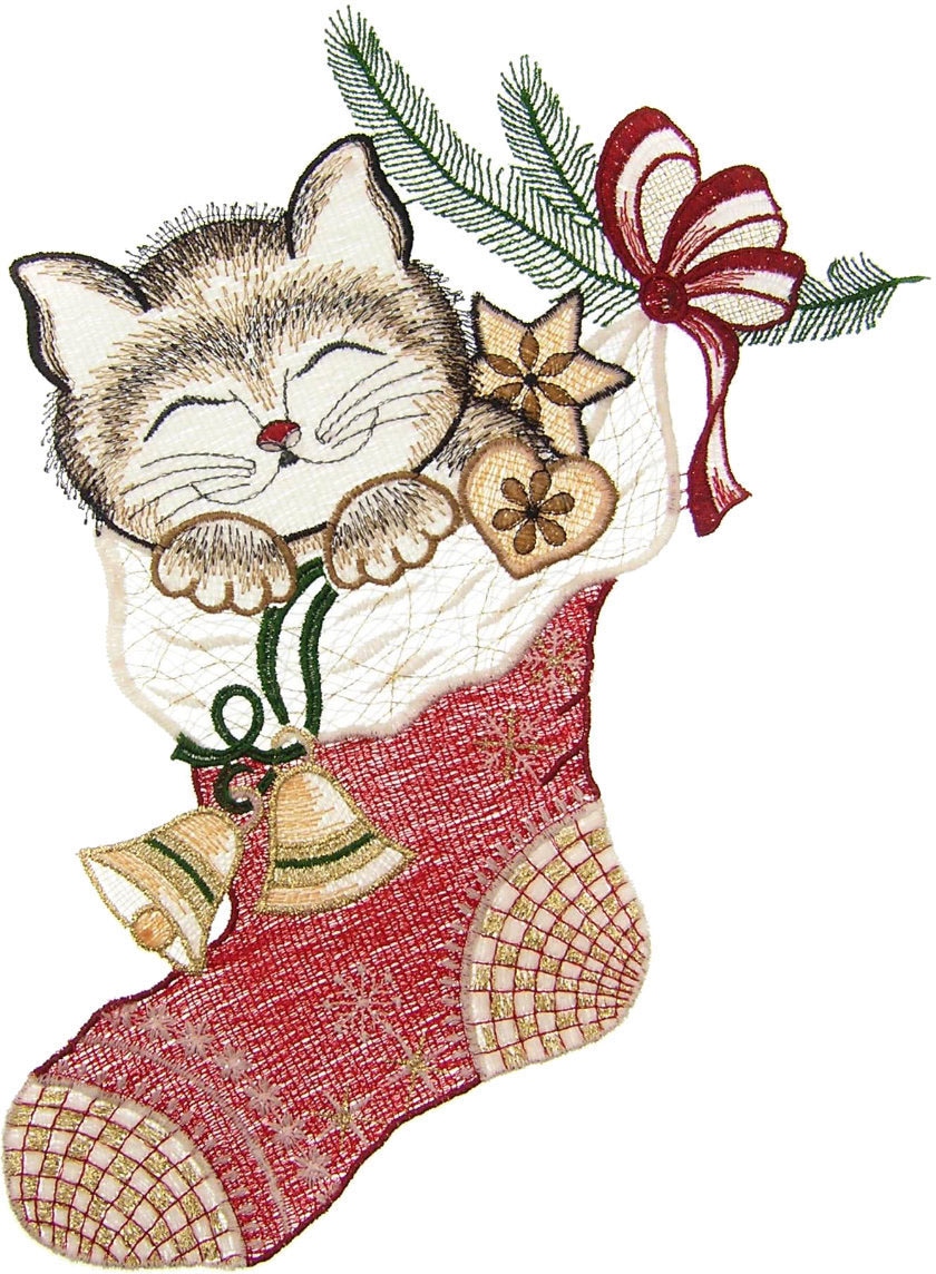 W. Reuter & Sohn - Plauener Spitze Fensterbild »Katze im Strumpf« Made in Germany in bunt, Größe B/L: 21 cm x 31 cm