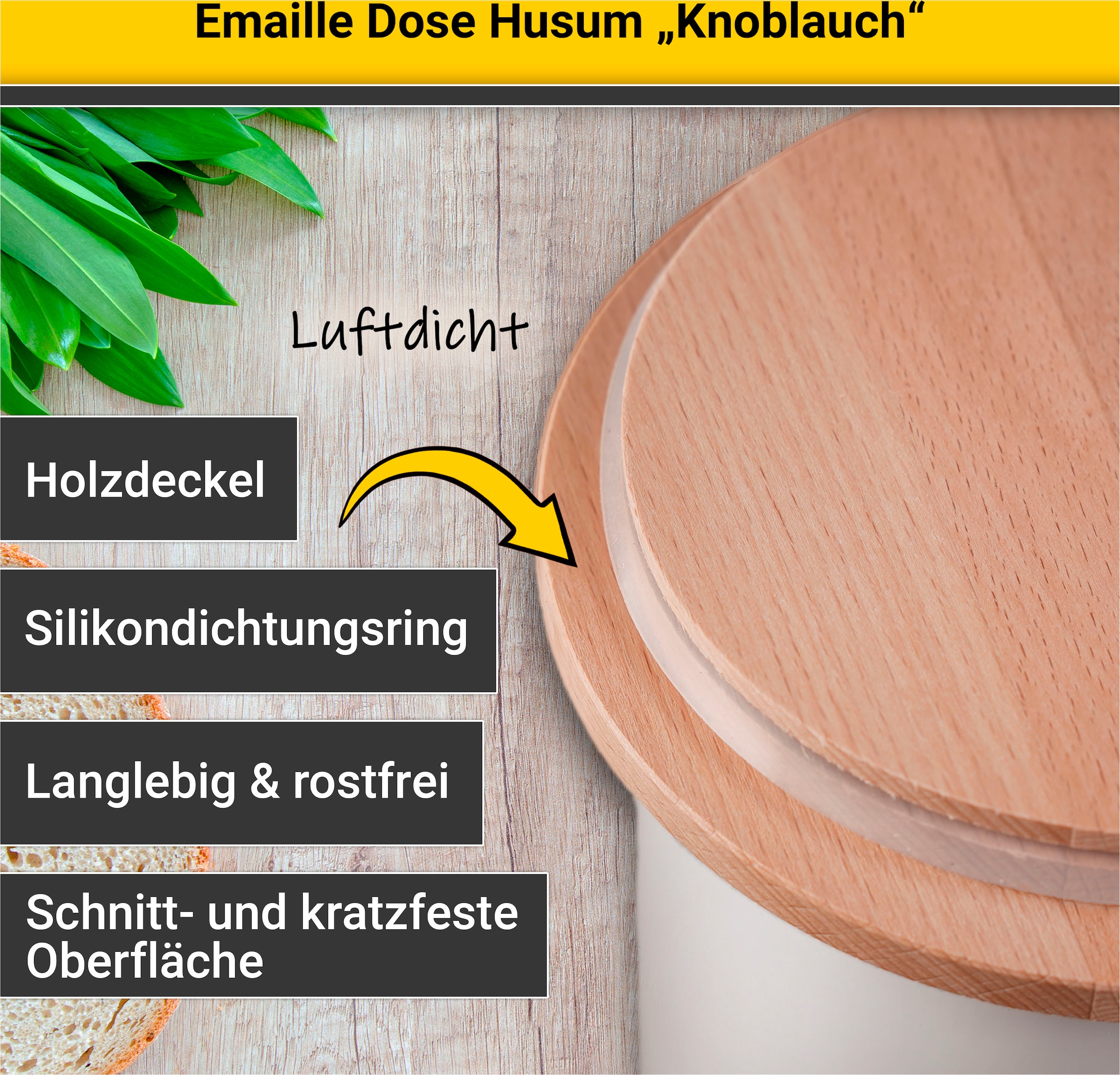 Krüger Vorratsdose »Emaille Vorratsdose Husum für Knoblauch mit Holzdeckel, 10 cm«, (1 tlg.), schnitt-/kratzfeste Oberfläche, Bakterienabweisend, extrem langlebig