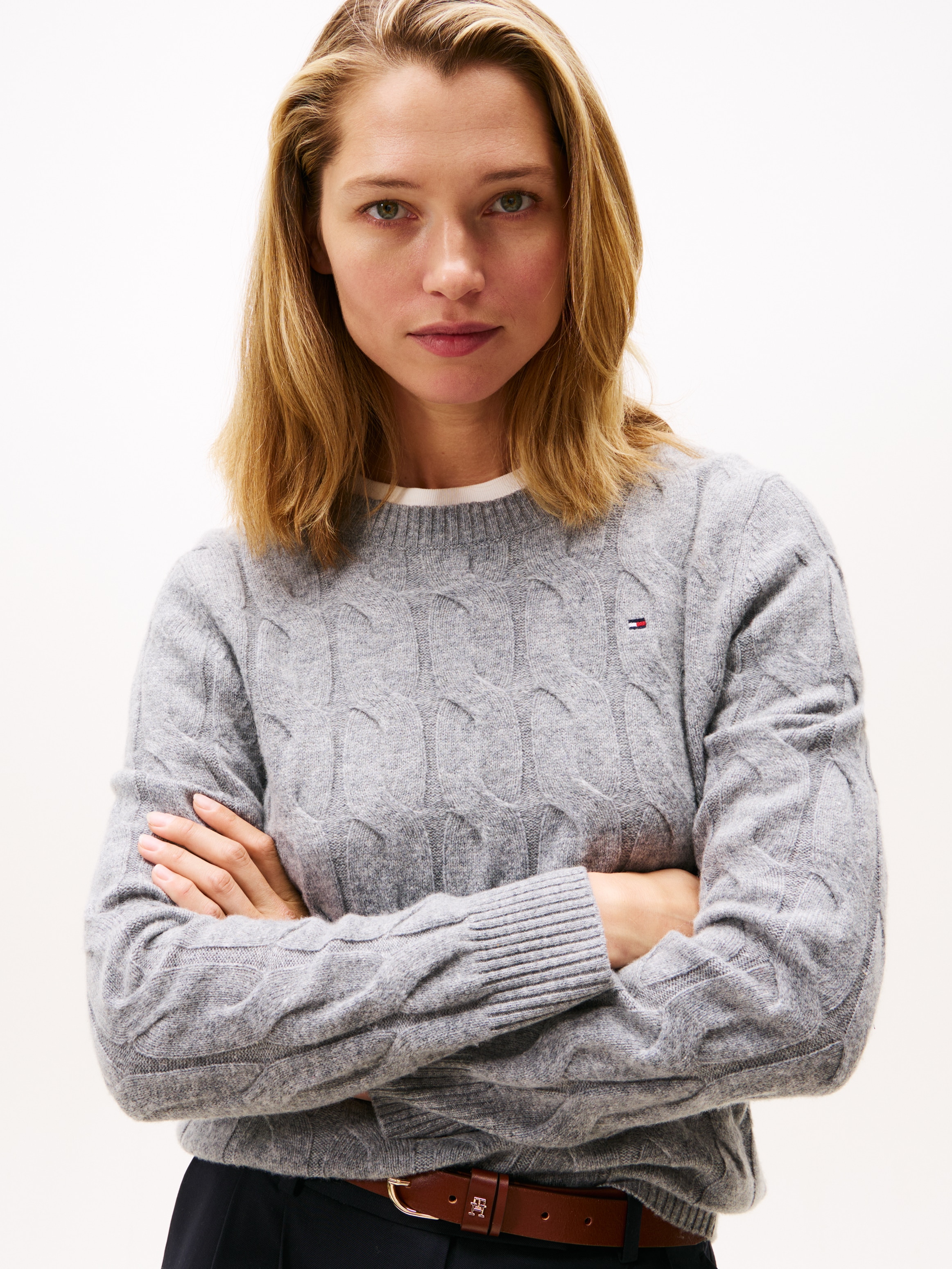 Tommy Hilfiger Strickpullover »SOFT WOOL CABLE C-NK« Wolle, mit Zopfmuster