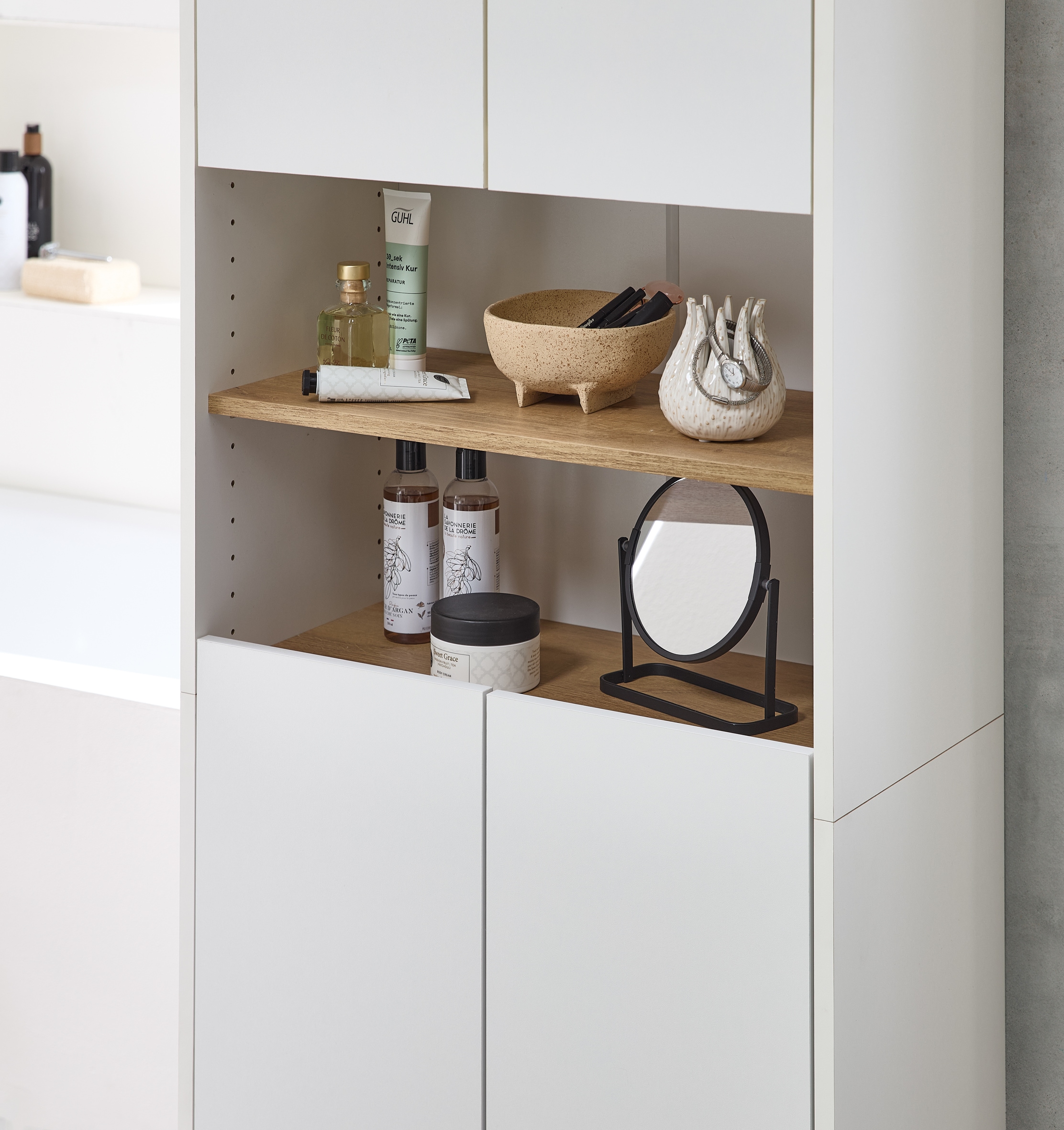 Saphir Hochschrank »Quickset 100, Badschrank 61,6 cm breit, 4 Türen«, 2 Einlegeböden, 2 offene Fächer, Badezimmer-Hochschrank, Akzentfuge