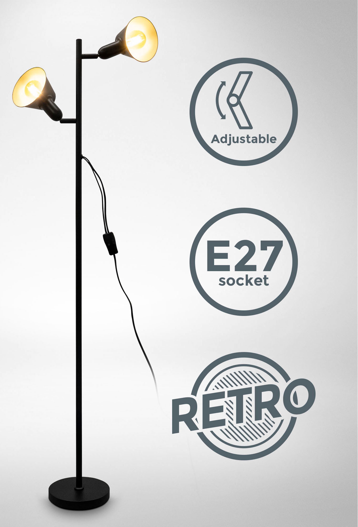 B.K.Licht Stehlampe »BK_ST1556 Schwarz, Doppel-Kippschalter«, E27-Fassung, 2 142,5cm im 2x Shop flammig-flammig, Online Design-Stehlampe, H: OTTO Metall, inkl