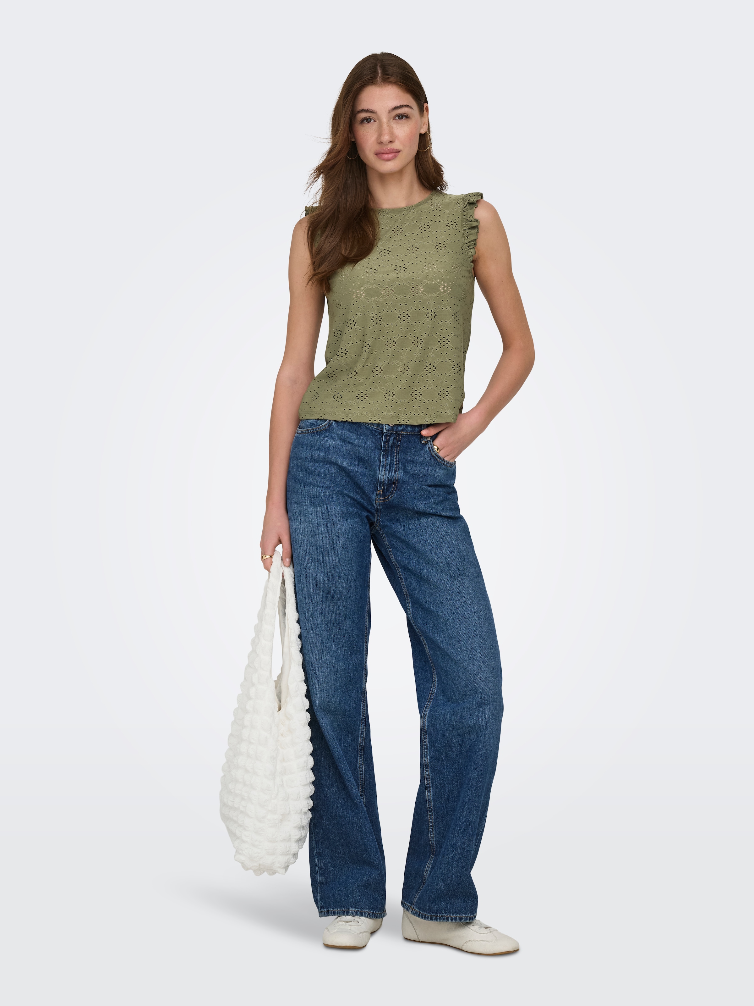 ONLY Shirttop »ONLSMILLA S/L FRILL TOP JRS« Materialmix, regular fit, Rundhals