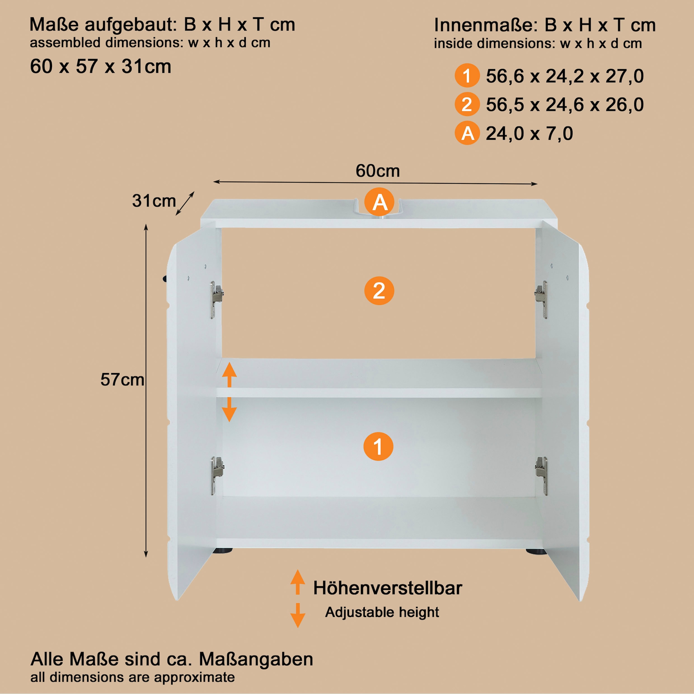 welltime Waschbeckenunterschrank »Sovana« Waschtisch mit verstellbarem Fach - Maße (B/T/H) 60/31/56 cm