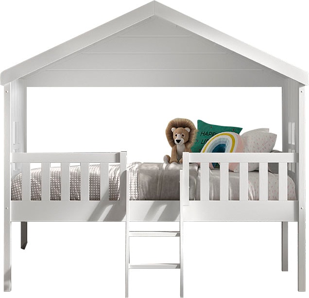 Vipack Hausbett "Kiefer massiv weiß lackiert, Made in Europe, stabil gebaut" B/H/T ca. 213x201,8cm, wahlweise mit und ohne Rutsche, mit Leiter, seitliche Fenster, Rolllattenrost und Absturzschutz