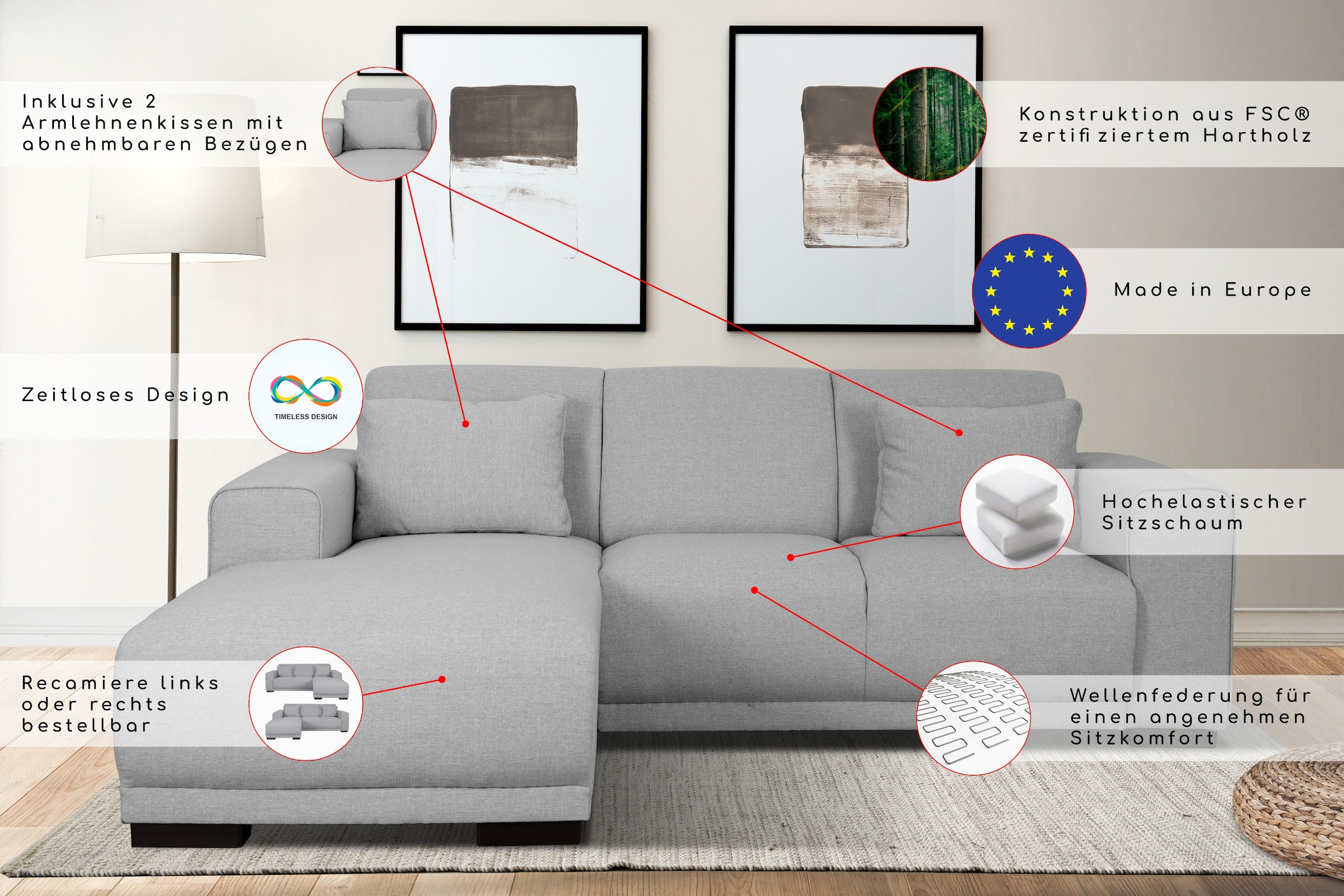 OTTO home Ecksofa »BORNHOLM L-Form, B: 234 cm - OTTO. Verlässliche Qualität.« Recamiere links oder rechts bestellbar, Wellenfederung, inkl. 2 Kissen