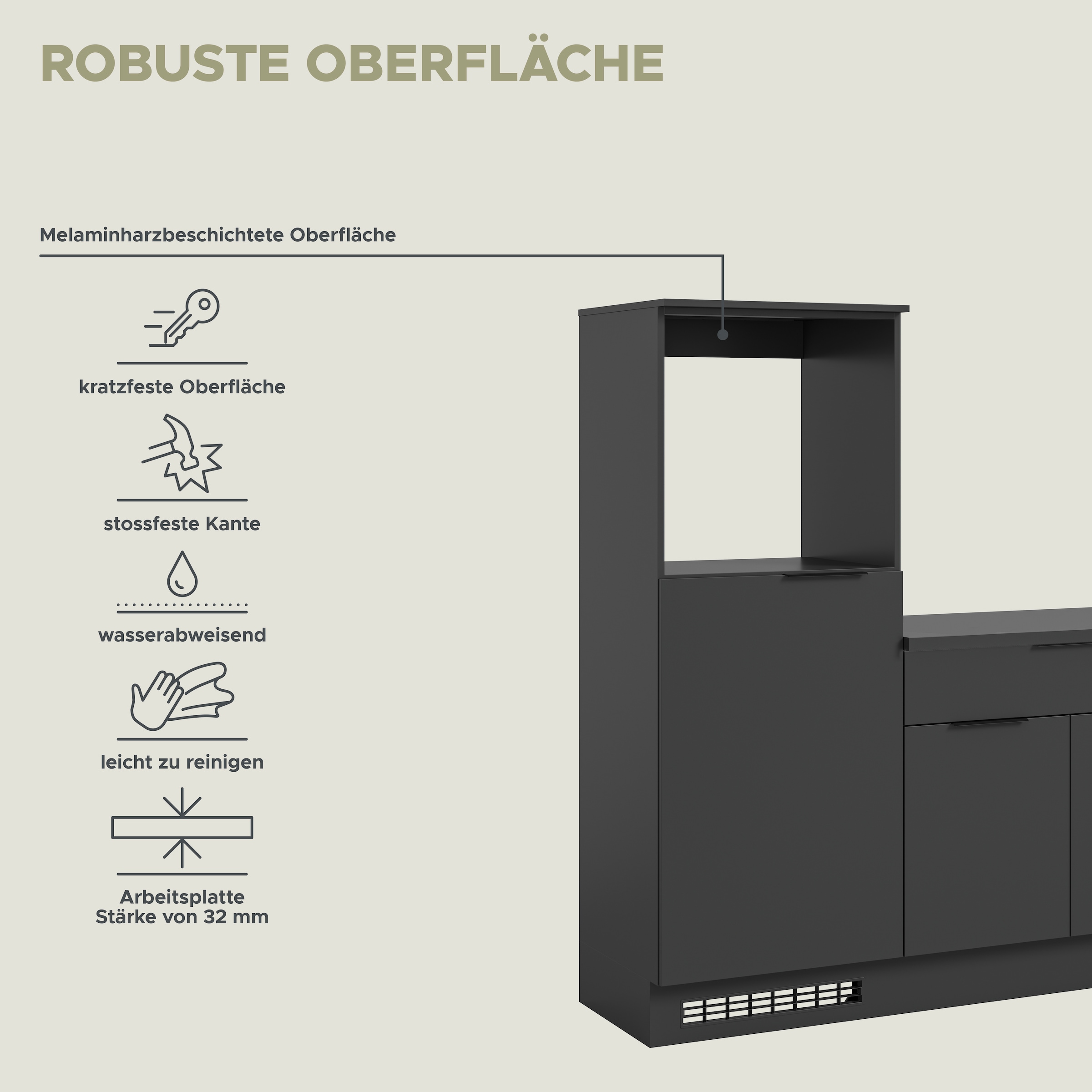 KOCHSTATION Küchenzeile »KS-Lulea« Breite 260 cm, ohne E-Geräte, mit 3 cm starker Arbeitsplatte