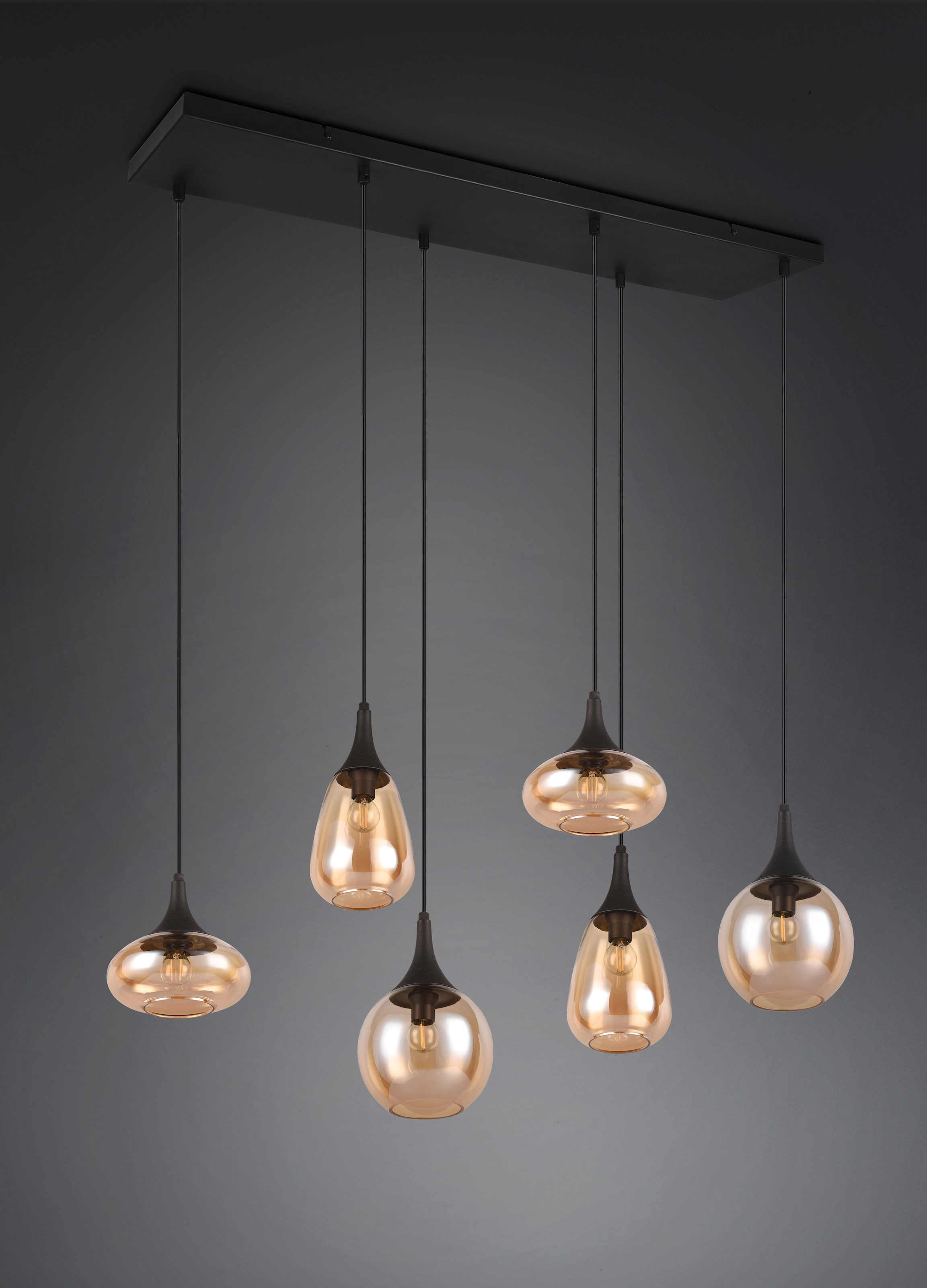 TRIO Leuchten Pendelleuchte »Lumina, E14 Hängelampe 6-flammig Glasschirme in 3 Formen amberfarbig« E14 1 Stk. warmweiß - kaltweiß exkl 6x E14 max 40W, Hängeleuchte höhenverstellbar bis max 150 cm