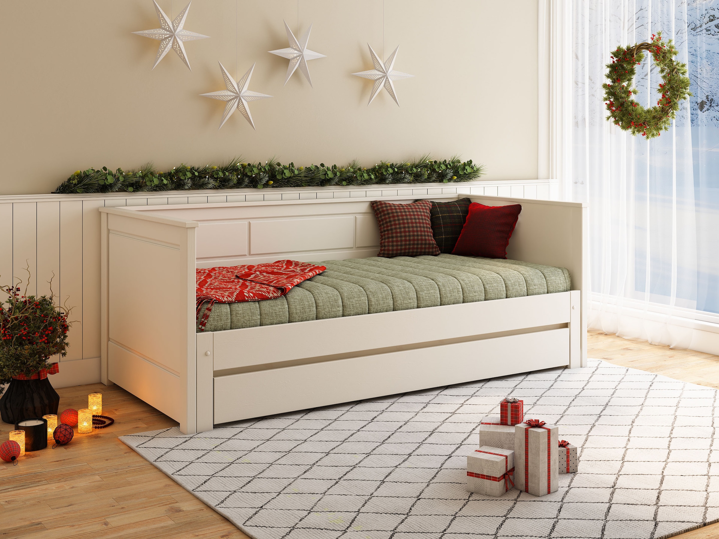 OTTO home Funktionsbett »" ERIK " TOPSELLER! Daybed, Gästebett, Kinderbett, Massivholz (Kiefer)« stilvolle Kassetten - Fräsung, 90x200cm ausziehbar auf 180x200cm),  2. Schlafplatz ausziehbar, moderner Landhausstil, Schublade optional