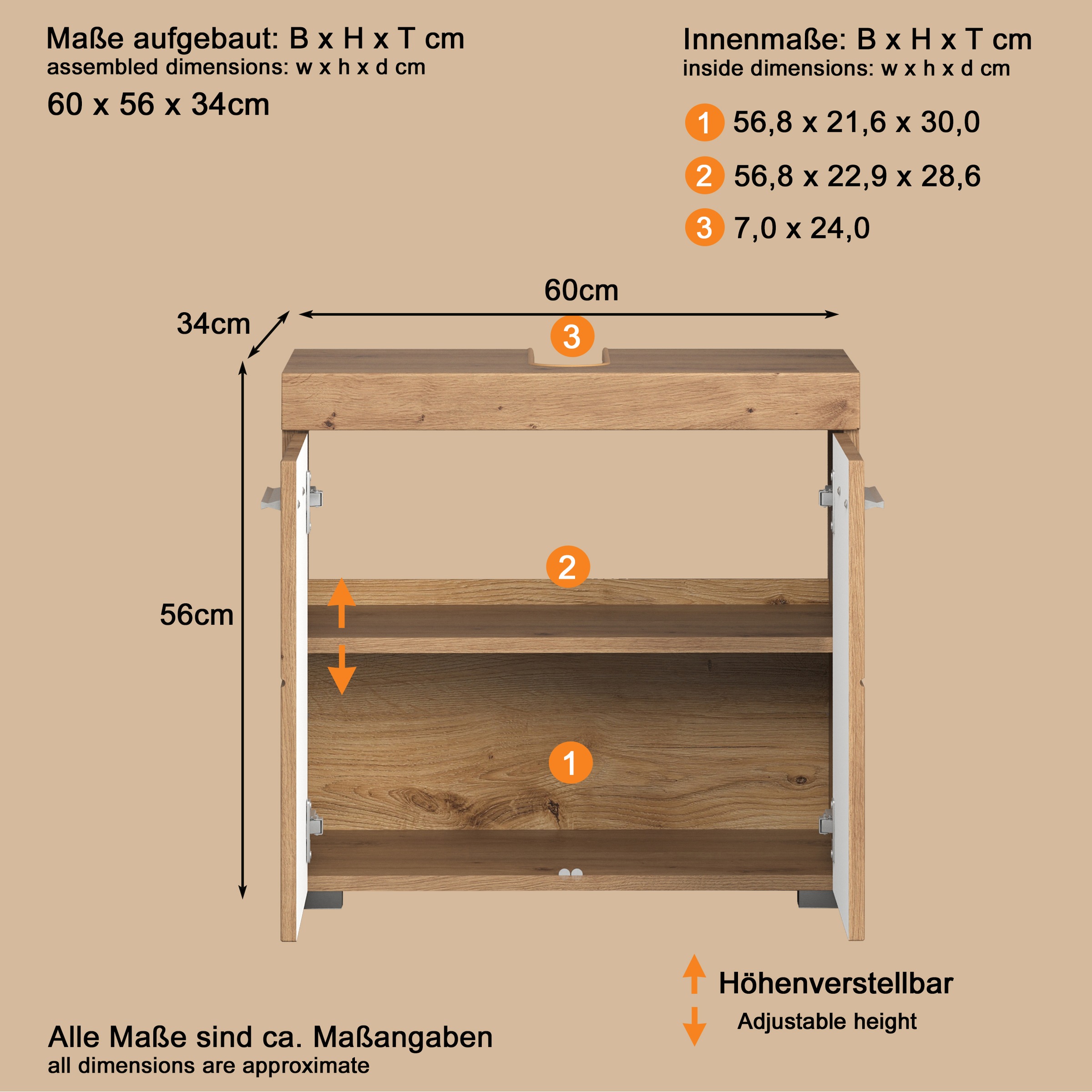 welltime Waschbeckenunterschrank »Avena«, Waschtisch 2türig- Aussparung 26/8 cm - (B/T/H) 60/34/56 cm