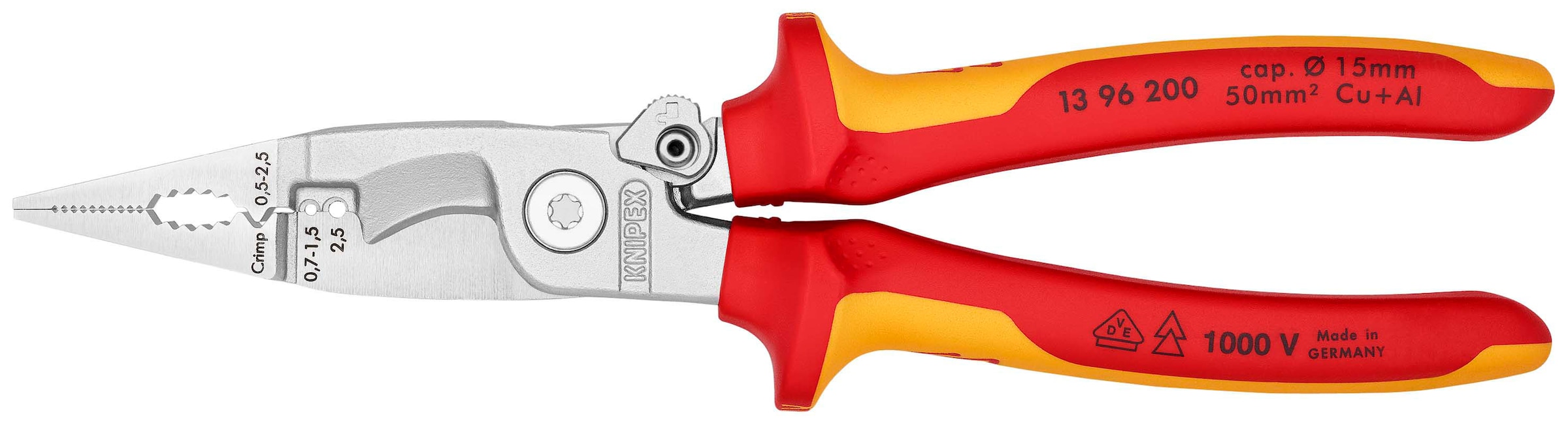 Knipex Elektro-Installationszange »13 96 200«, (1 tlg.), verchromt, isoliert mit Mehrkomponenten-Hüllen, VDE-geprüft 200 mm