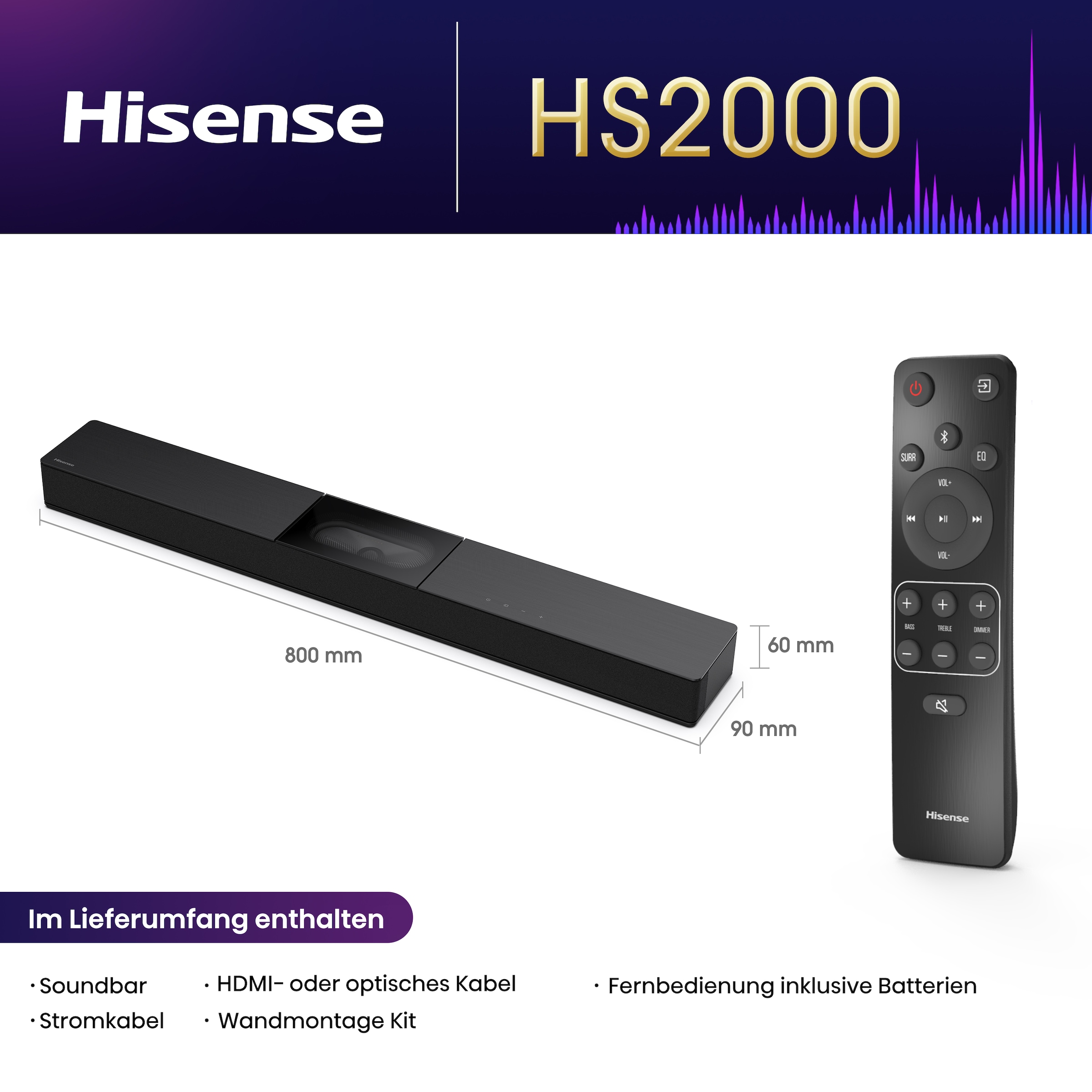 Hisense 2.1 Soundsystem »HS2000 2.1 Kanal Soundbar mit integriertem Subwoofer«, (1 St.)