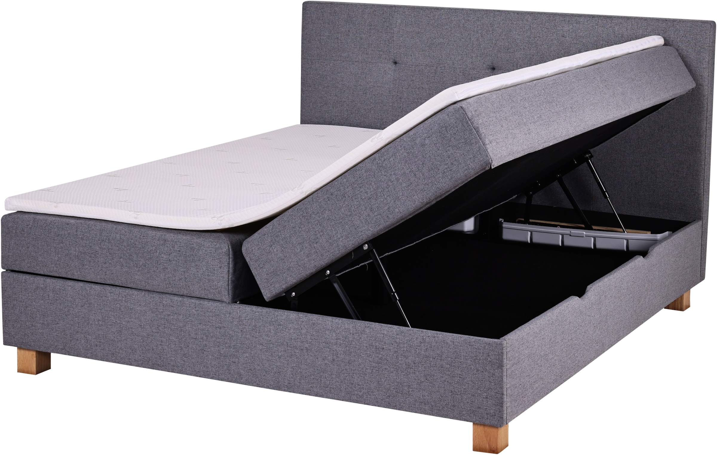 Home affaire Boxbett »Oyré inkl. Bettkasten, Topper und 2 gratis Kissen, 180x200 cm« mit Holzfüße in eichefarben