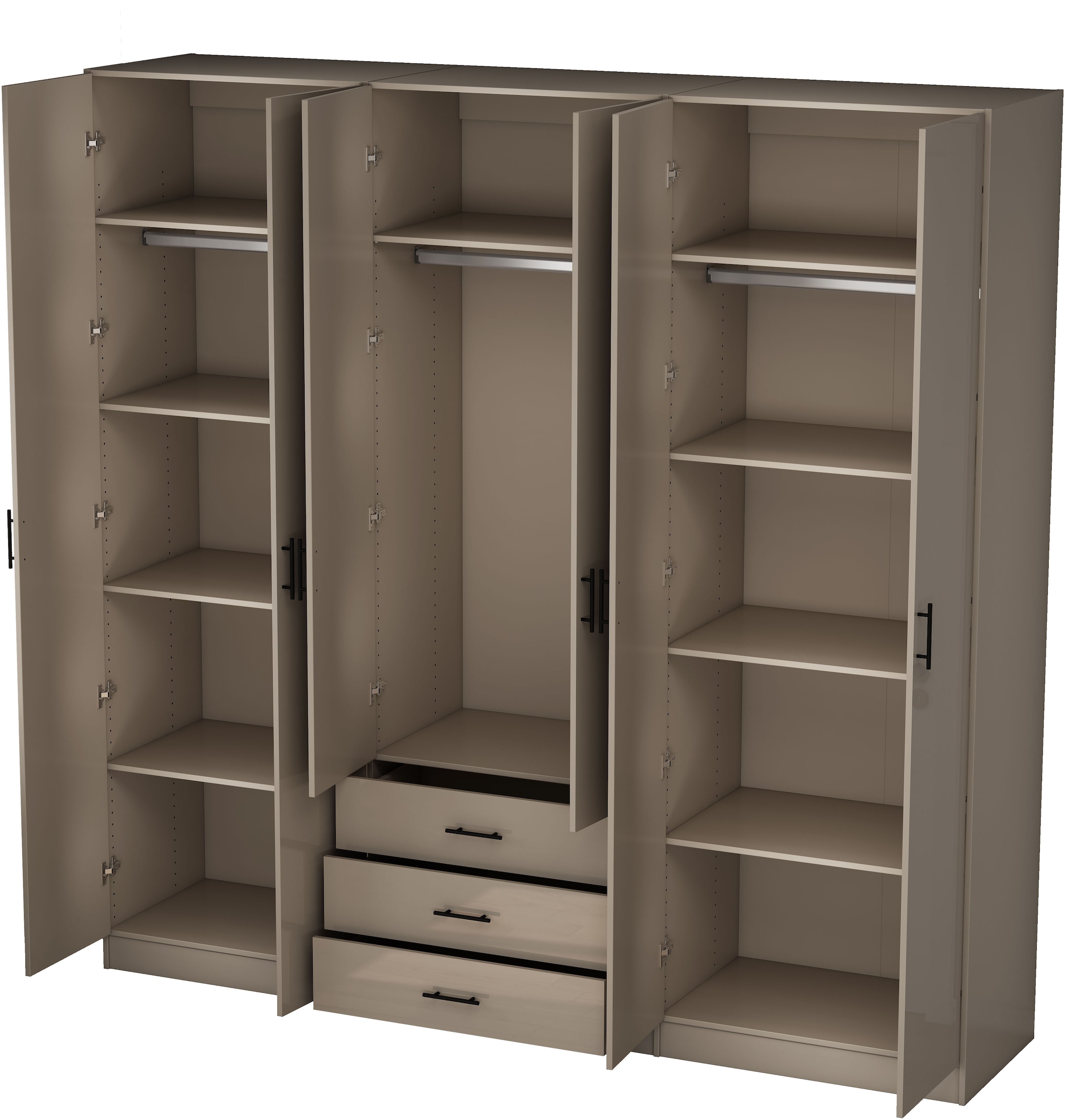 OTTO home Kleiderschrank »Trento Schlafzimmerschrank Garderobe hochglanz« in 2 unterschiedlichen Schrankhöhen wählbar,  Schrank mit 6 Türen und 3 Schubladen, hochglanz Fronten, Höhe 2,39m