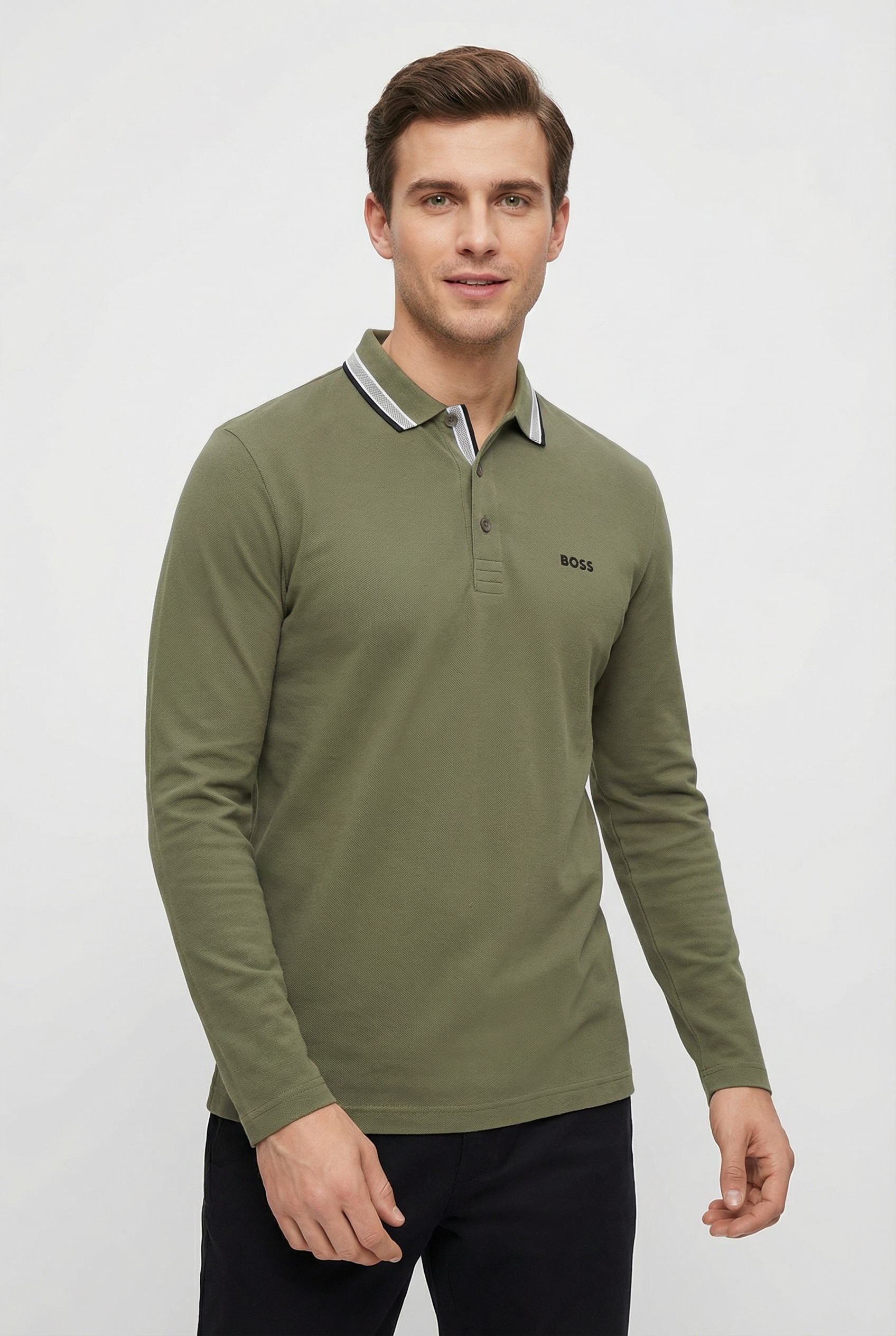 BOSS GREEN Langarm-Poloshirt »Plisy« mit Streifen am Kragen