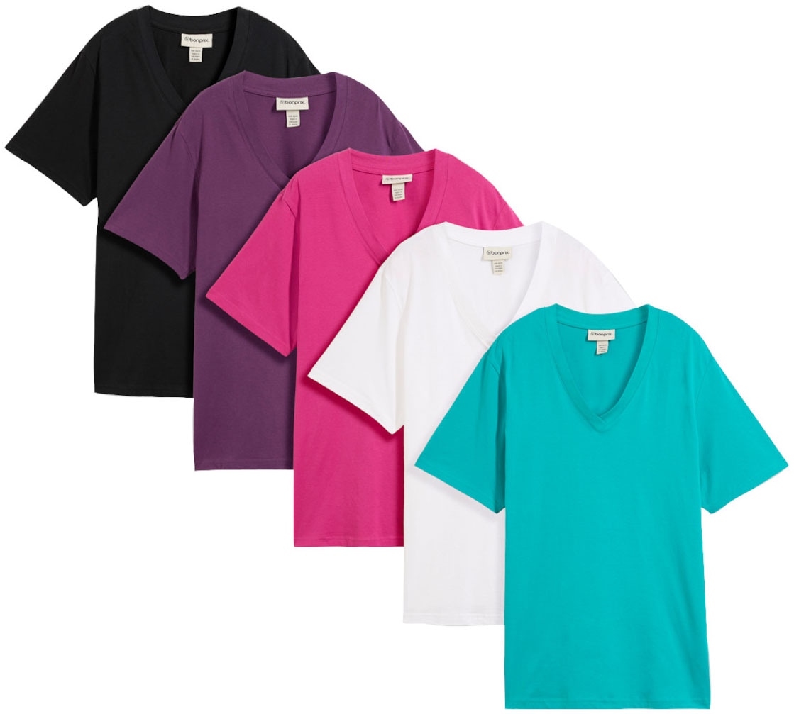 bonprix Longshirt »Weites Long-Shirt mit V-Ausschnitt, Kurzarm (5er Pack)« Packung, 5 tlg. lockere Passform, Kurzarm, mit V-Ausschnitt, unifarben