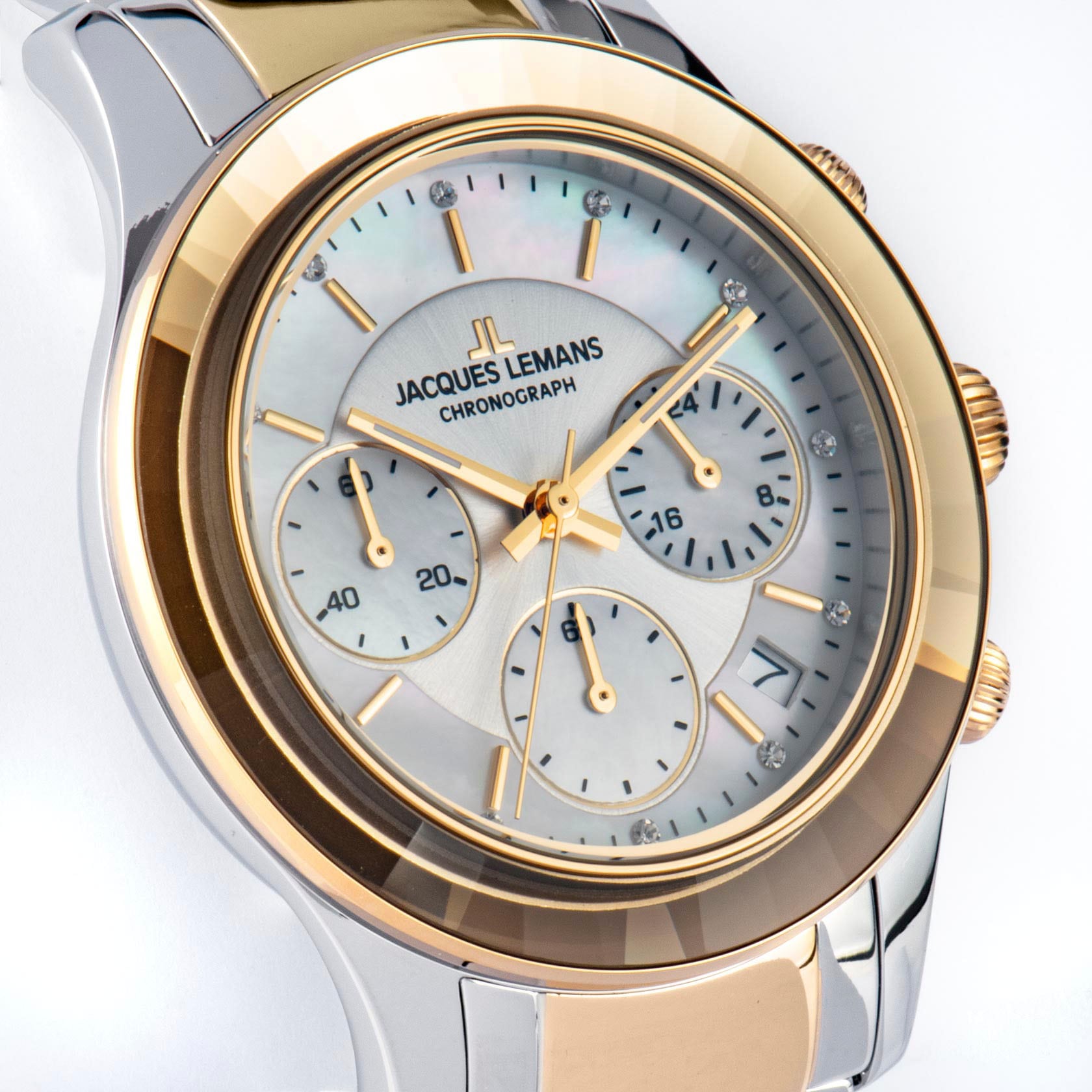 Jacques Lemans Chronograph »Venice«, Armbanduhr, Damenuhr, Edelstahlarmband, Stoppfunktion, Datum, Perlmutt