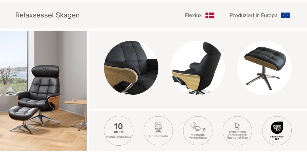 FLEXLUX Relaxsessel »Skagen, Funktionssessel Premium-Komfort, Armlehnen, Drehbar«, Rücken- und Kopfteilverstellung, Fuß Alu, Armlehne Eiche, Drehbar