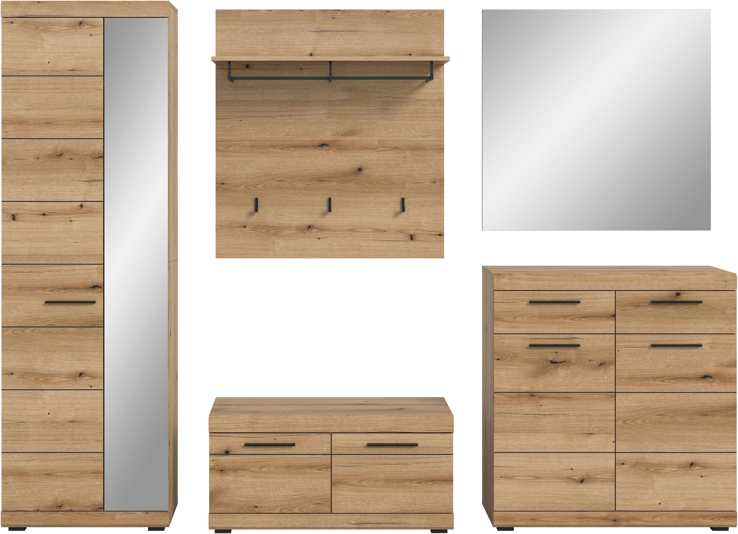 Home affaire Garderoben-Set »SIENA, Breite 272 cm, 5-teiliges Set, individuell stellbar« Komplett-Set, best.aus: Garderobenschrank, Sitzbank, Paneel, Schuhschrank & Spiegel, 5 Stk. tlg.