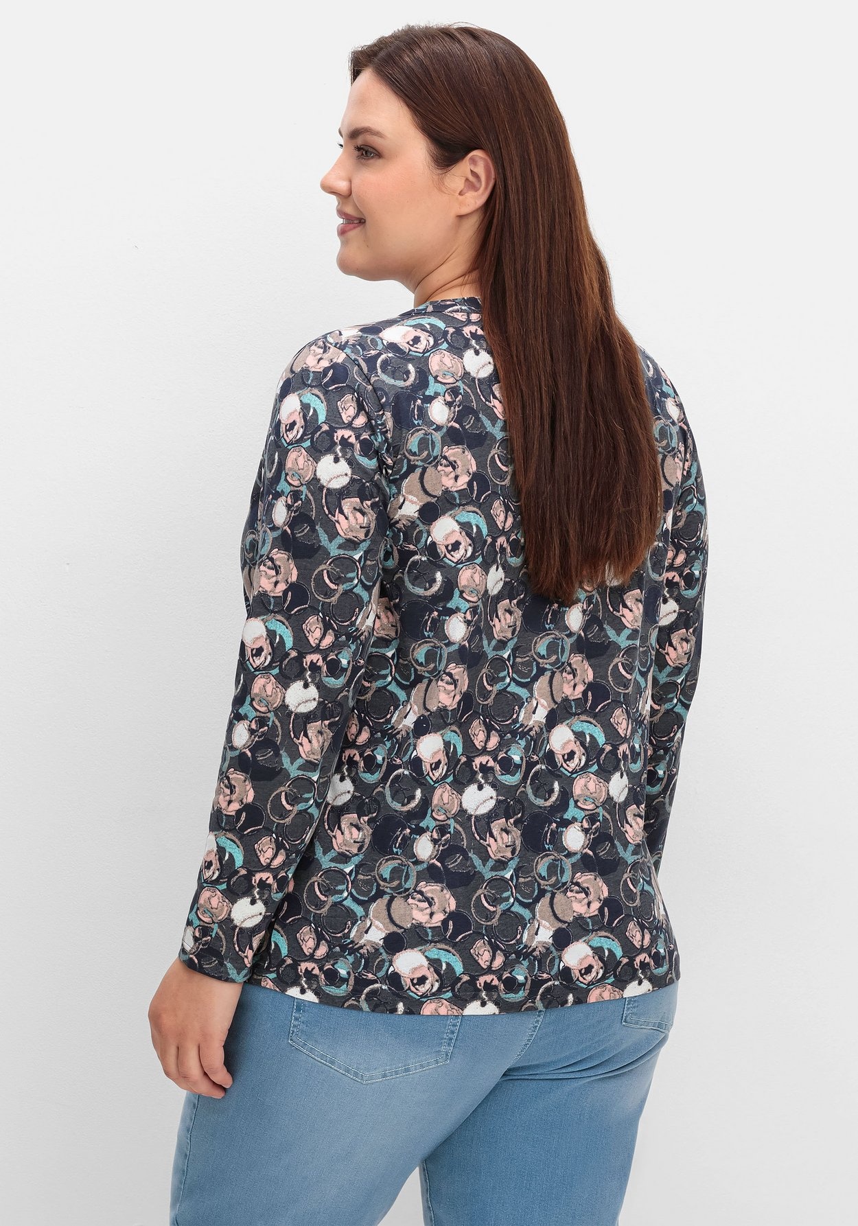 Sheego Langarmshirt »Langarmshirt mit Alloverprint und kurzer Knopfleiste«, mit Alloverprint und kurzer Knopfleiste