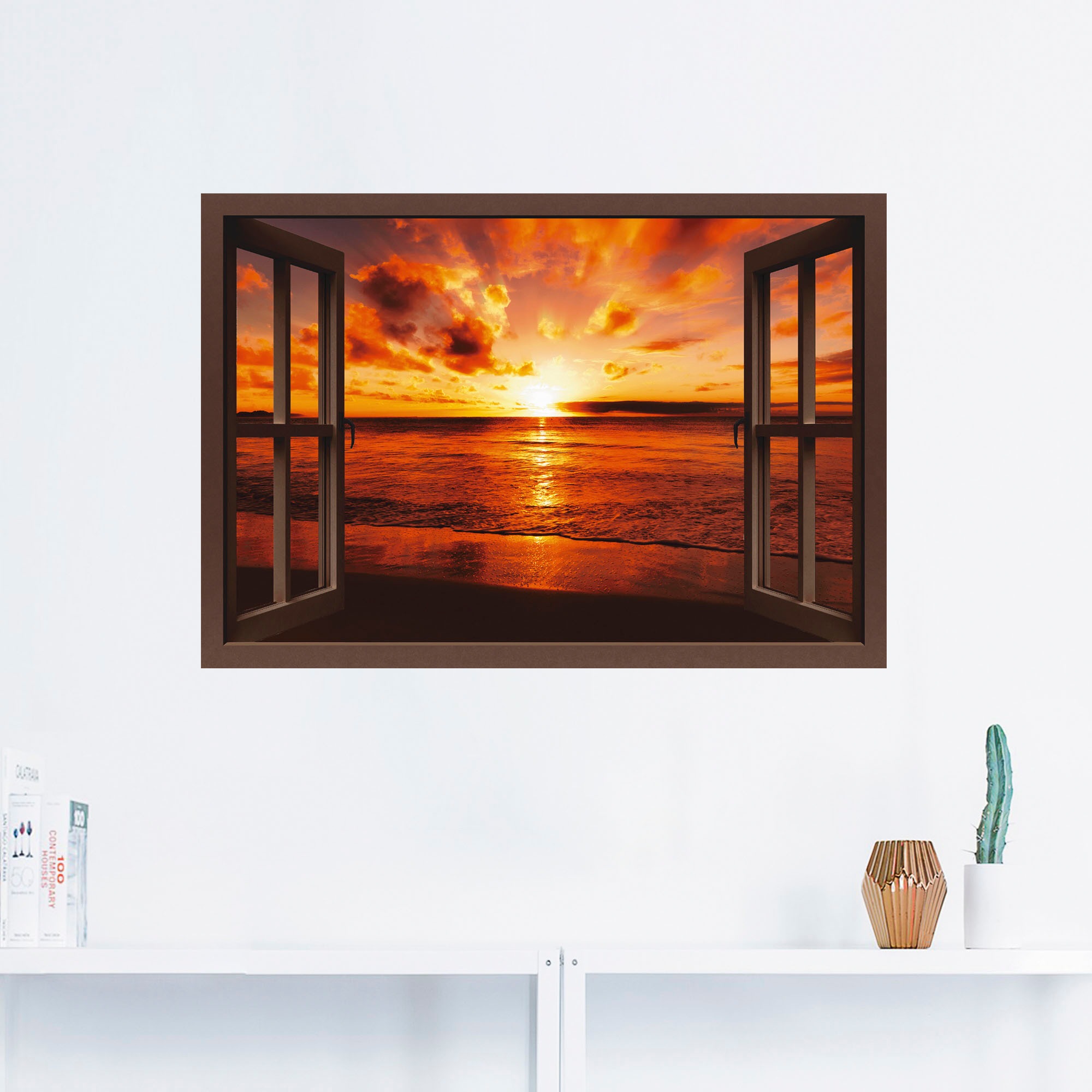 Artland Wandbild »Fensterblick Sonnenuntergang am Strand«, Fensterblick, (1 St.), als Leinwandbild, Poster, Wandaufkleber in verschied. Größen