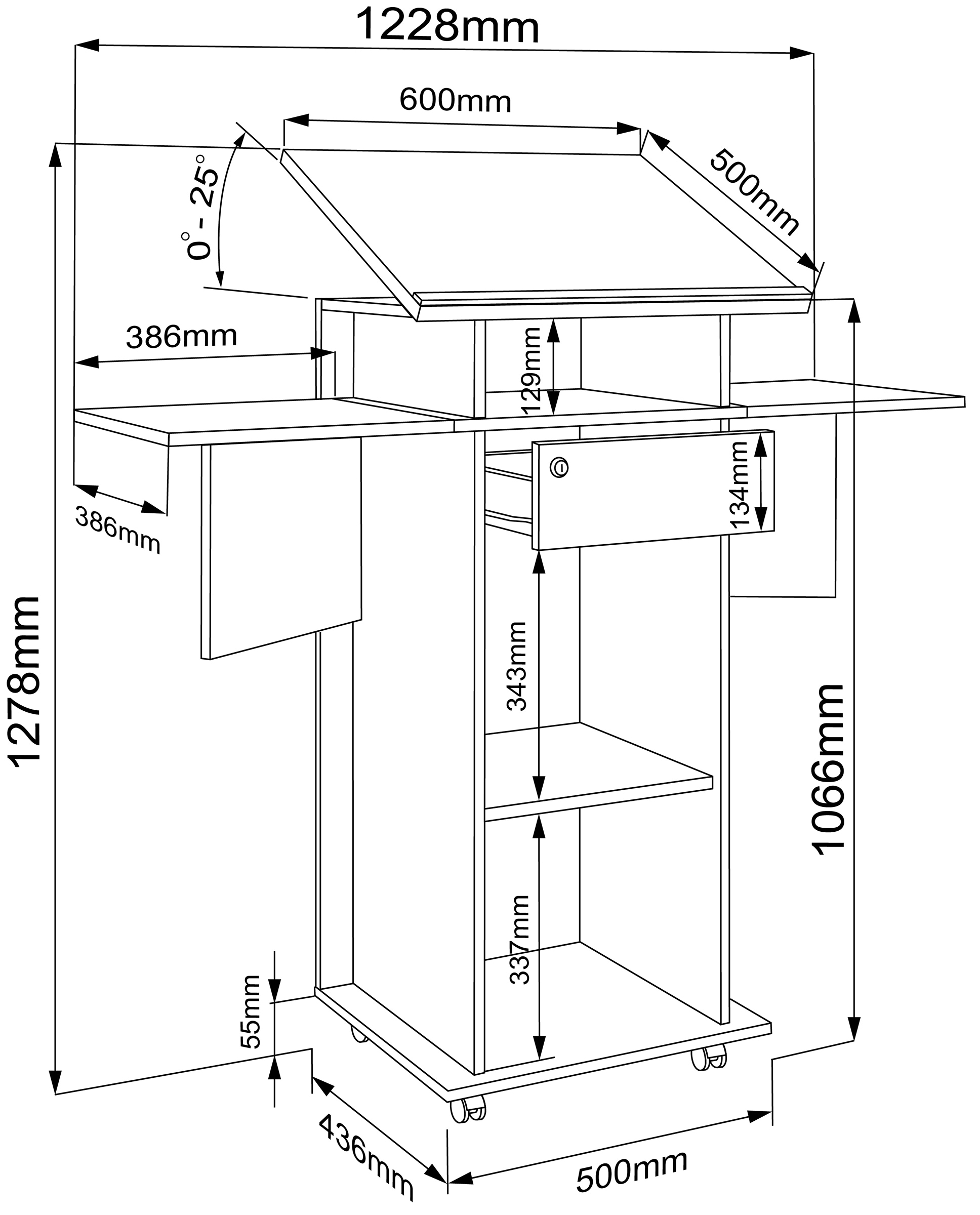 VCM Stehpult »VCM Holz mobiles Rednerpult | Maße ca. H. 107 bis 128 cm x B. 60 bis 123 cm x T. 44 cm | rollbar mit Schublade | Stehpult | Stehtisch - Salia«, (Salia)