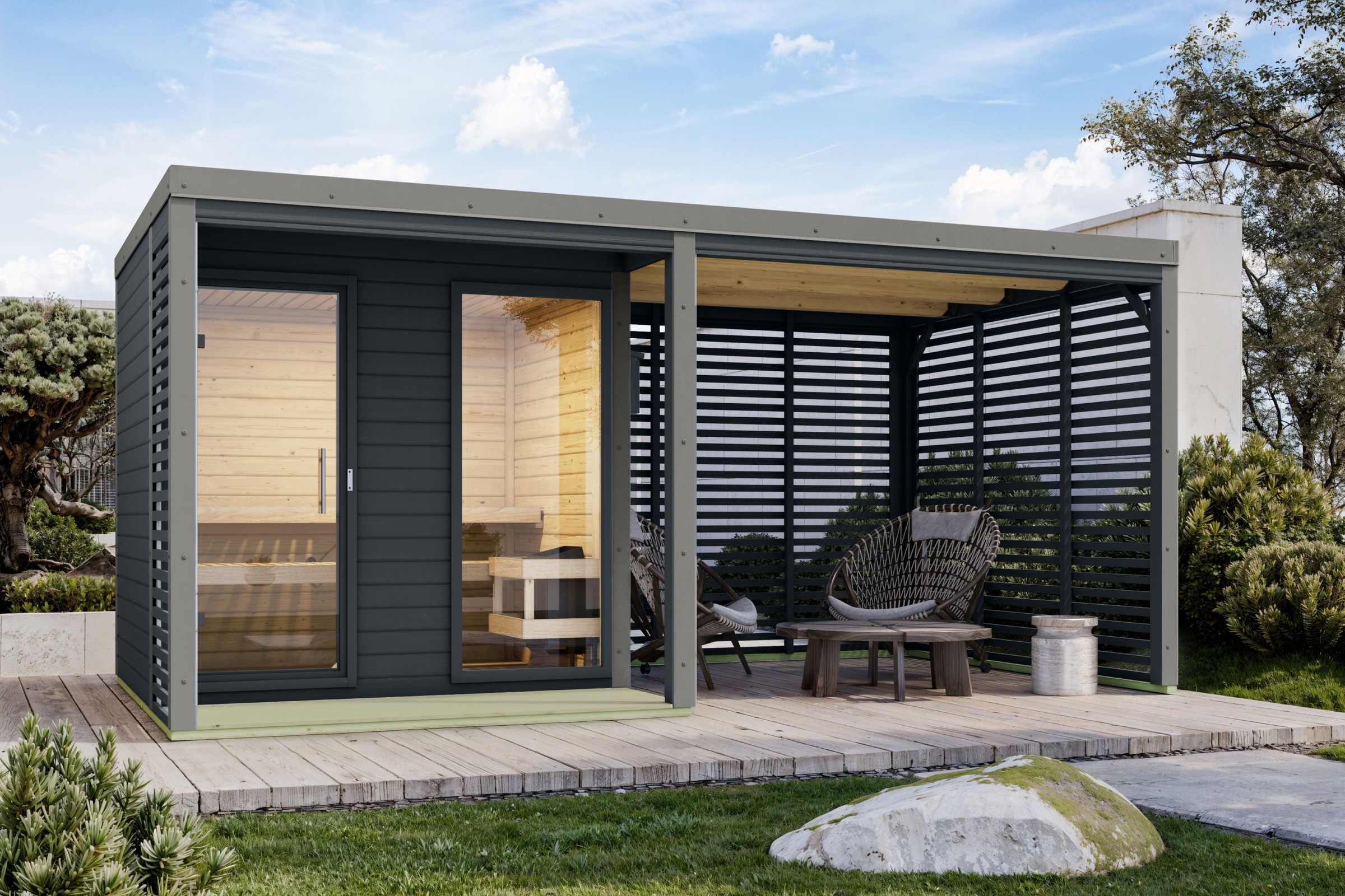 Karibu Saunahaus »"Adrian 2" anthrazit-graualuminium« Wände aus nordischer Fichte, Stahlecken und Stahl-Dachabschluss