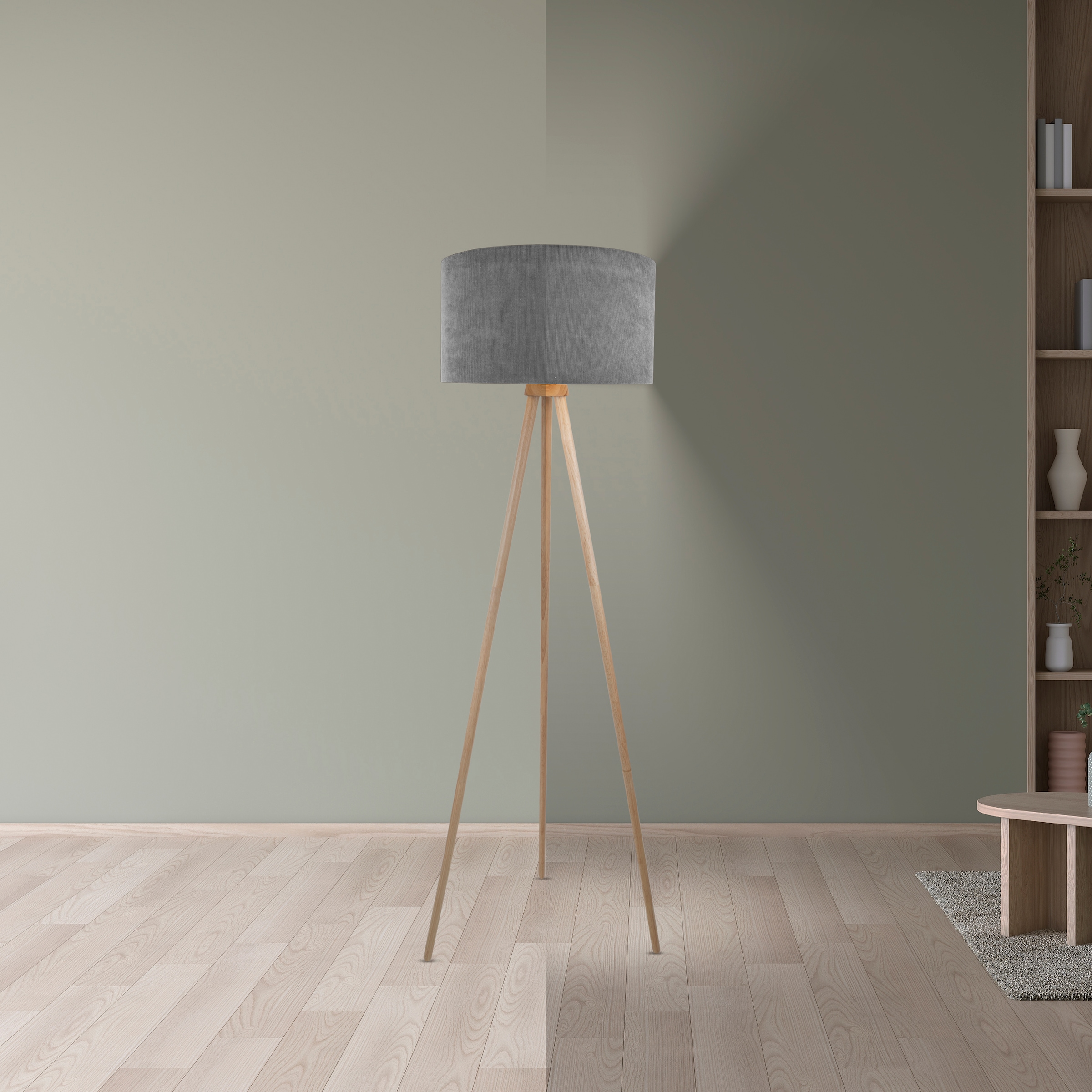 OTTO home Stehlampe »Torell - Dreibein Stehleuchte« E27 1 Stk. Schirm mit Cordbezug, Dreibein aus Holz, 1x E27 exkl., Zuleitung 300cm