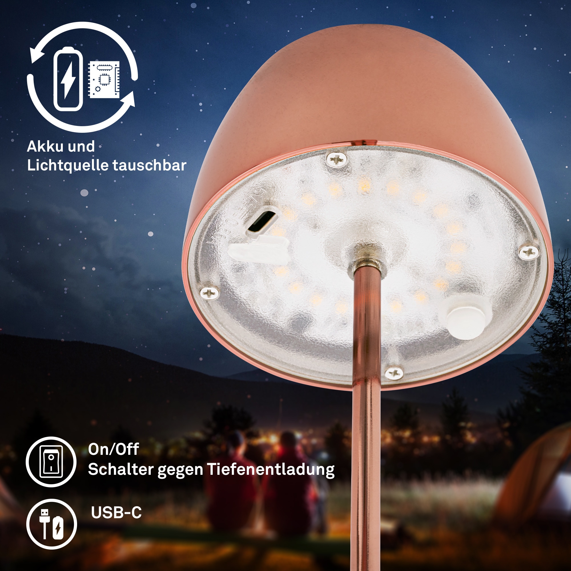 Briloner Leuchten LED Außen-Tischleuchte »SERINA MINI« LED-Modul 2 Stk. Warmweiß kabellos 20 x 8 cm Kupferfarbig 2,5W Wohnzimmer Schlafzimmer 2er-Set