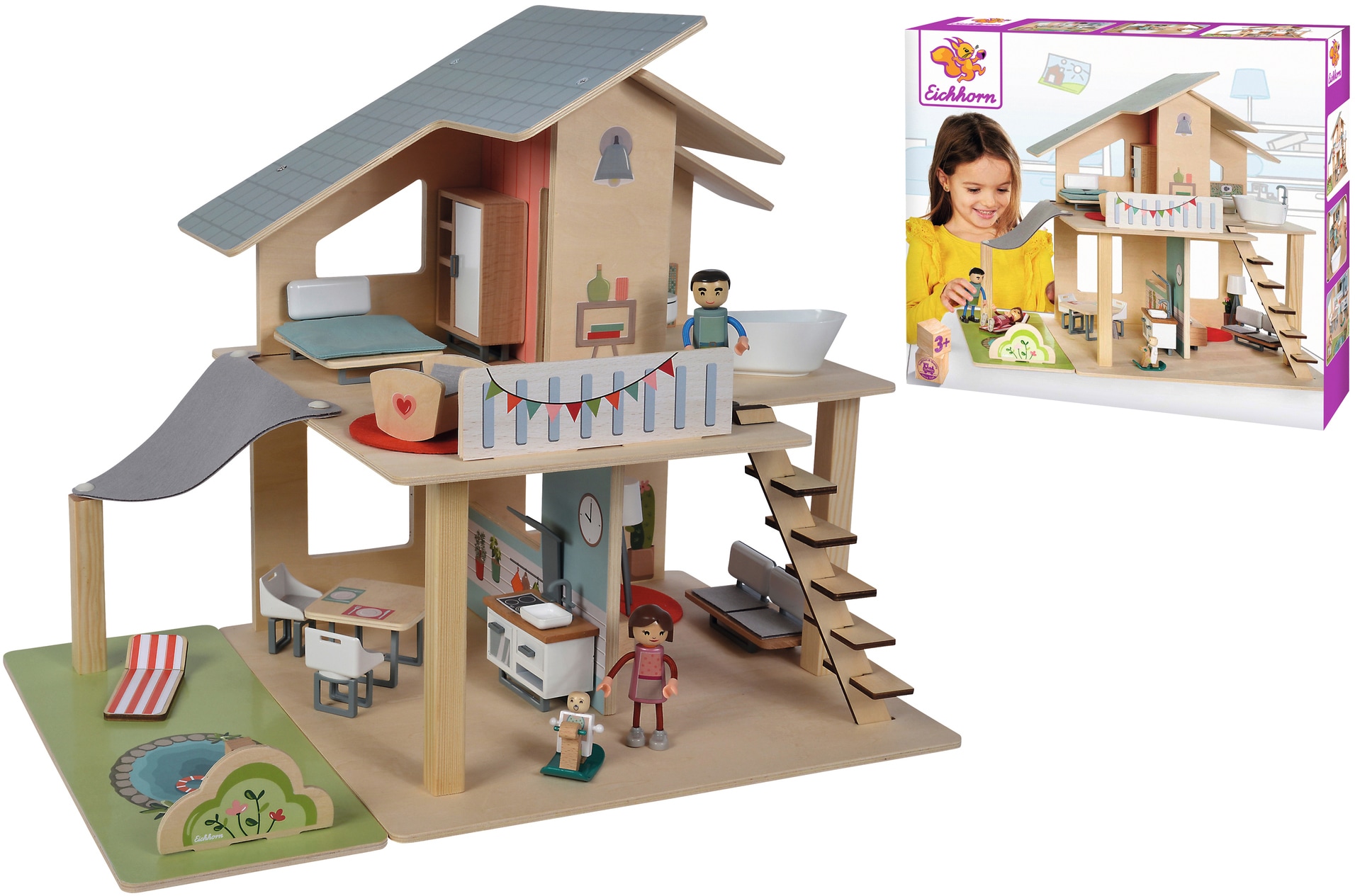 Eichhorn Puppenhaus, (25 tlg.), aus Holz mit Möbeln und Spielfiguren