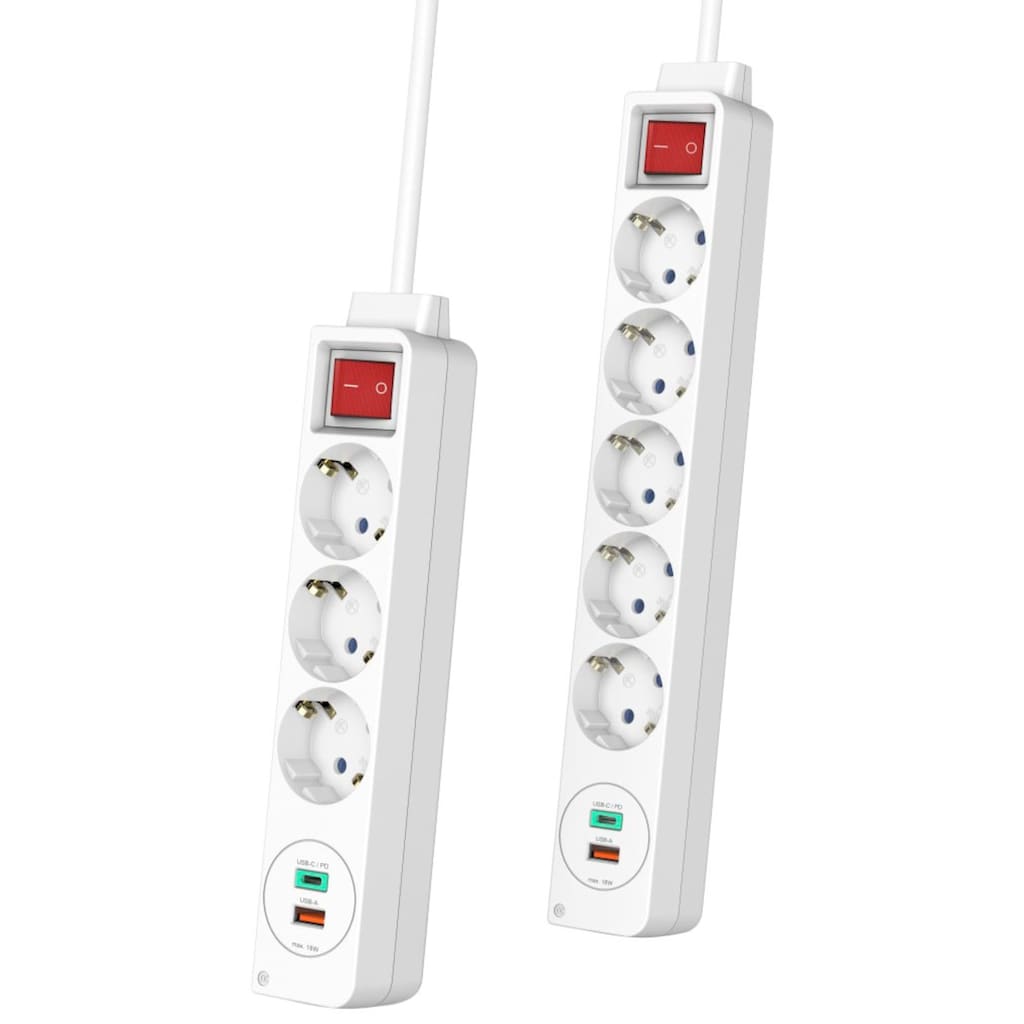 Hama Steckdosenleiste, 5-fach, (Ein- / Ausschalter-USB-Anschlüsse Schutzkontaktkupplung-Schutzkontaktstecker Kabellänge 1,4 m)