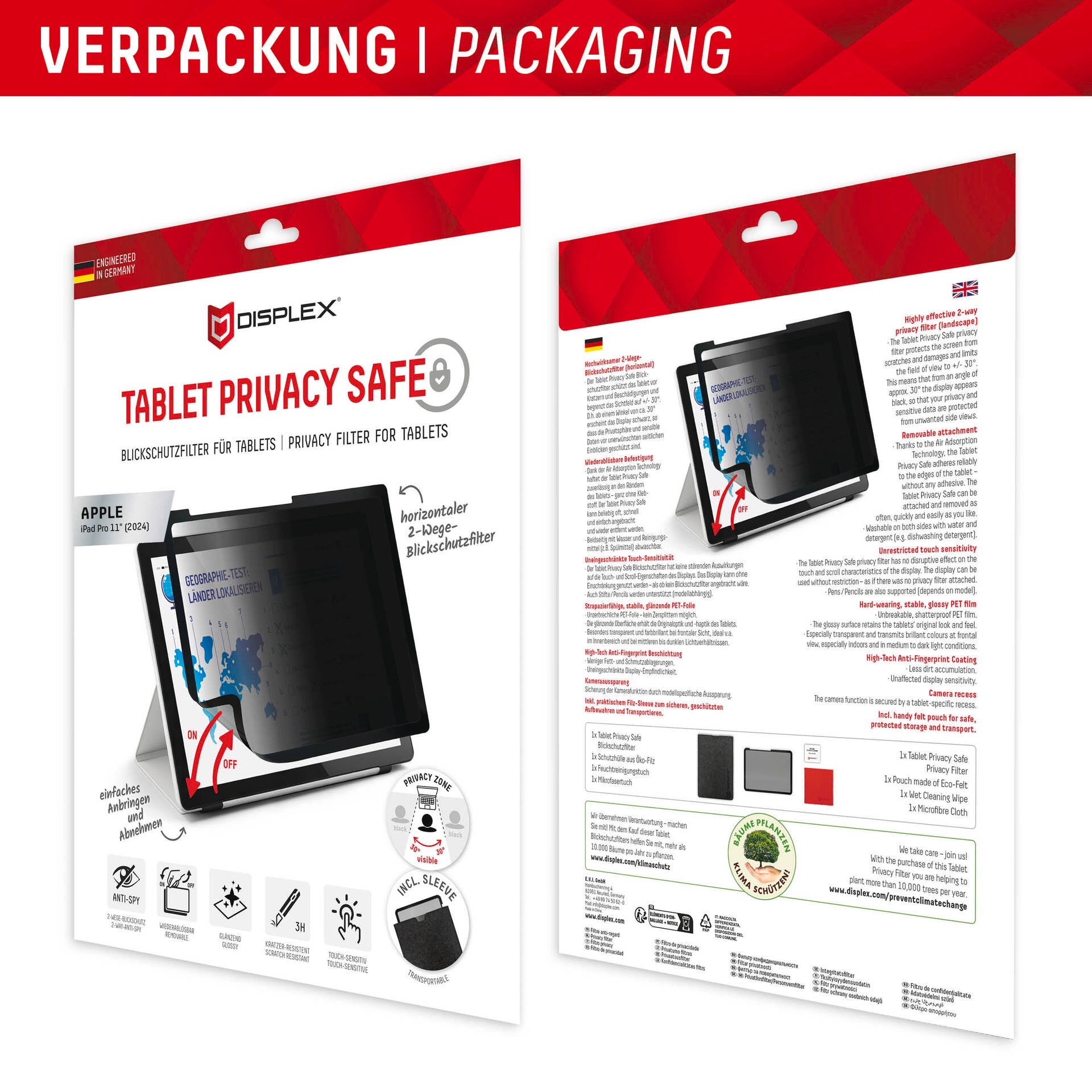 Displex Displayschutzfolie »Tablet Privacy Safe«, für Apple iPad Pro 11 (2024), Blickschutzfolie, Schutzfolie, Bildschirmschutz, kratz- & stoßfest