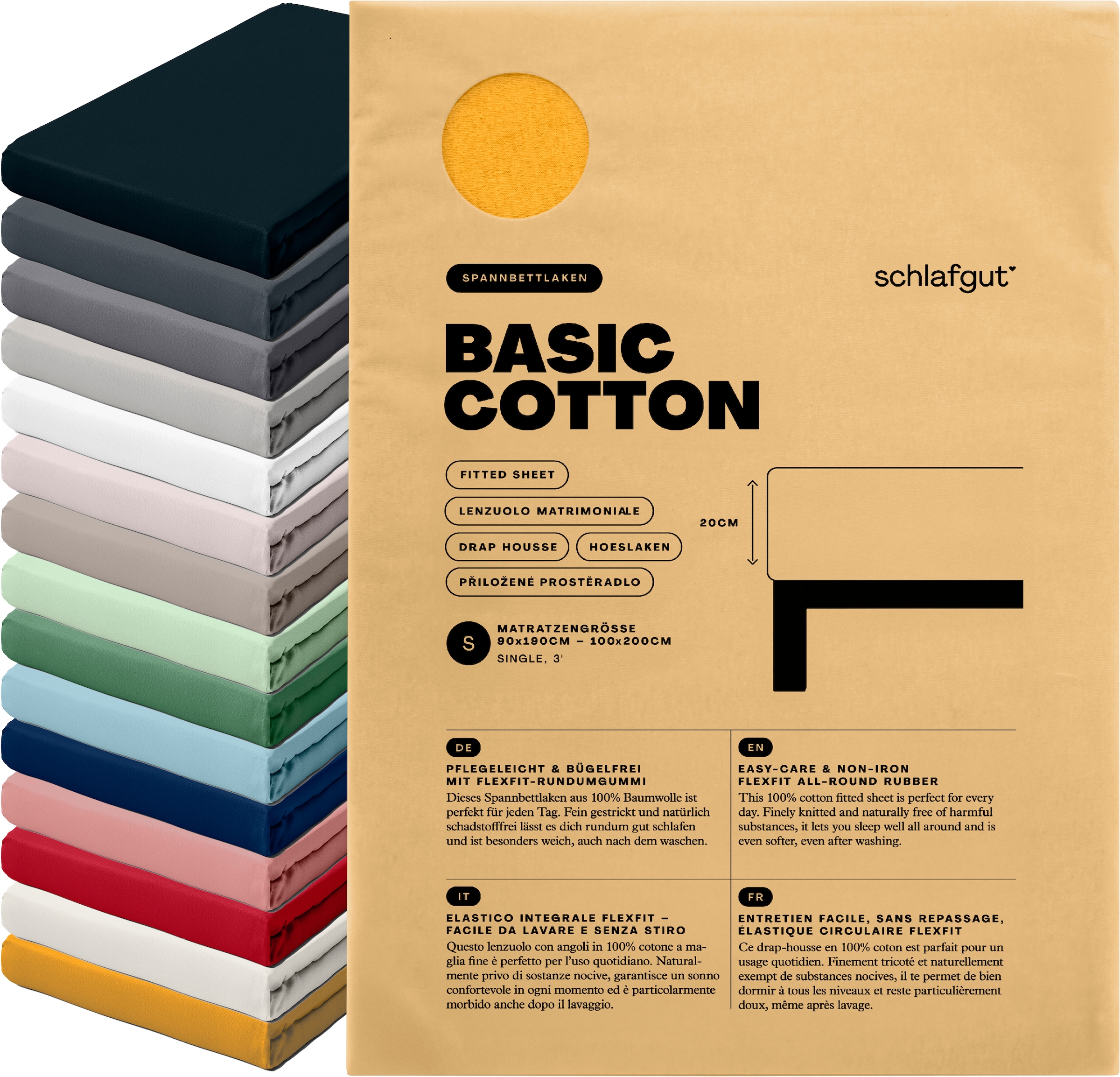 Schlafgut Spannbettlaken »Basic Cotton Bettlaken, 160 g/m², 100% Baumwolle, Spannbetttuch« Spannbettlaken bis 20 cm Matratzenhöhe, bügelfrei und pflegeleicht