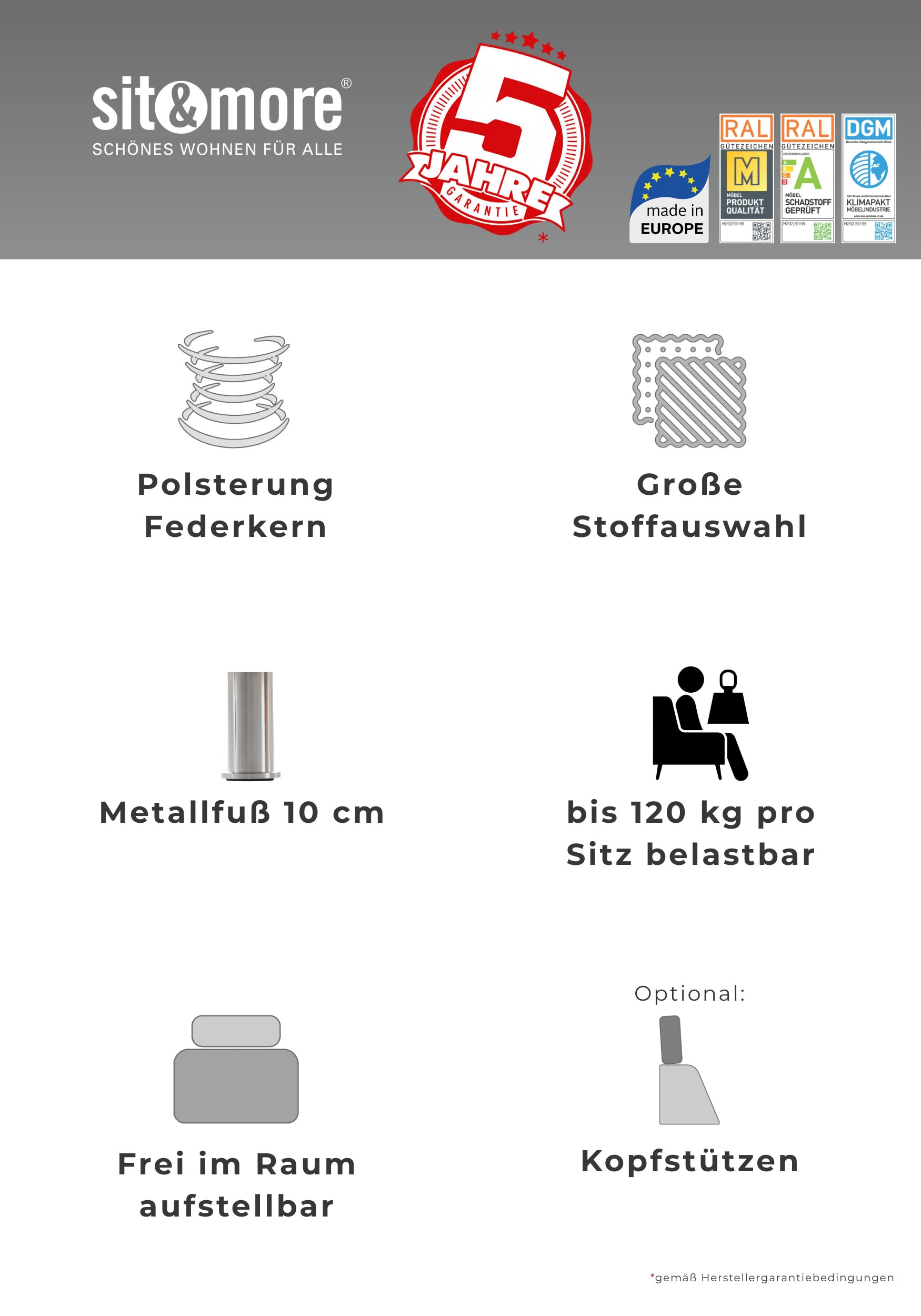 sit&more Wohnlandschaft »Cardoso, U-Form, B: 324 cm, Bettfunktion und Relaxfunktion optional« 2 Kopfstützen inklusive, Federkern, komfortable Sitzhöhe 47 cm