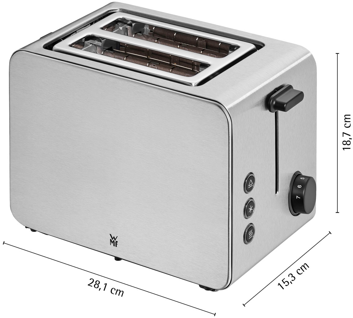WMF Toaster »Stelio Edition, 2-Schlitz-Toaster, Brötchenaufsatz, 7 Bräunungsstufen«, 2 kurze Schlitze, für 2 Scheiben, 1050 W, Brotzentrierung, Krümelschublade, seidenmattes Cromargan Gehäuse
