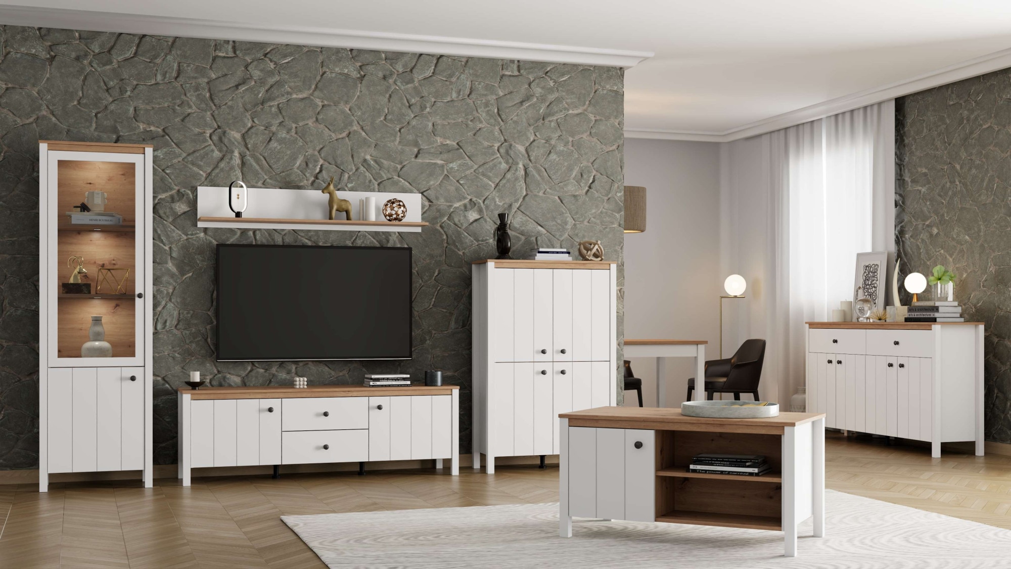 Home affaire Lowboard »BEDFORD, TV-Board, TV-Kommode, TV-Schrank, TV-Möbel im Landhausstil« MDF-Profil, 2 Türen, 2 Schubladen und 2 Fächer mit Metallgriffen