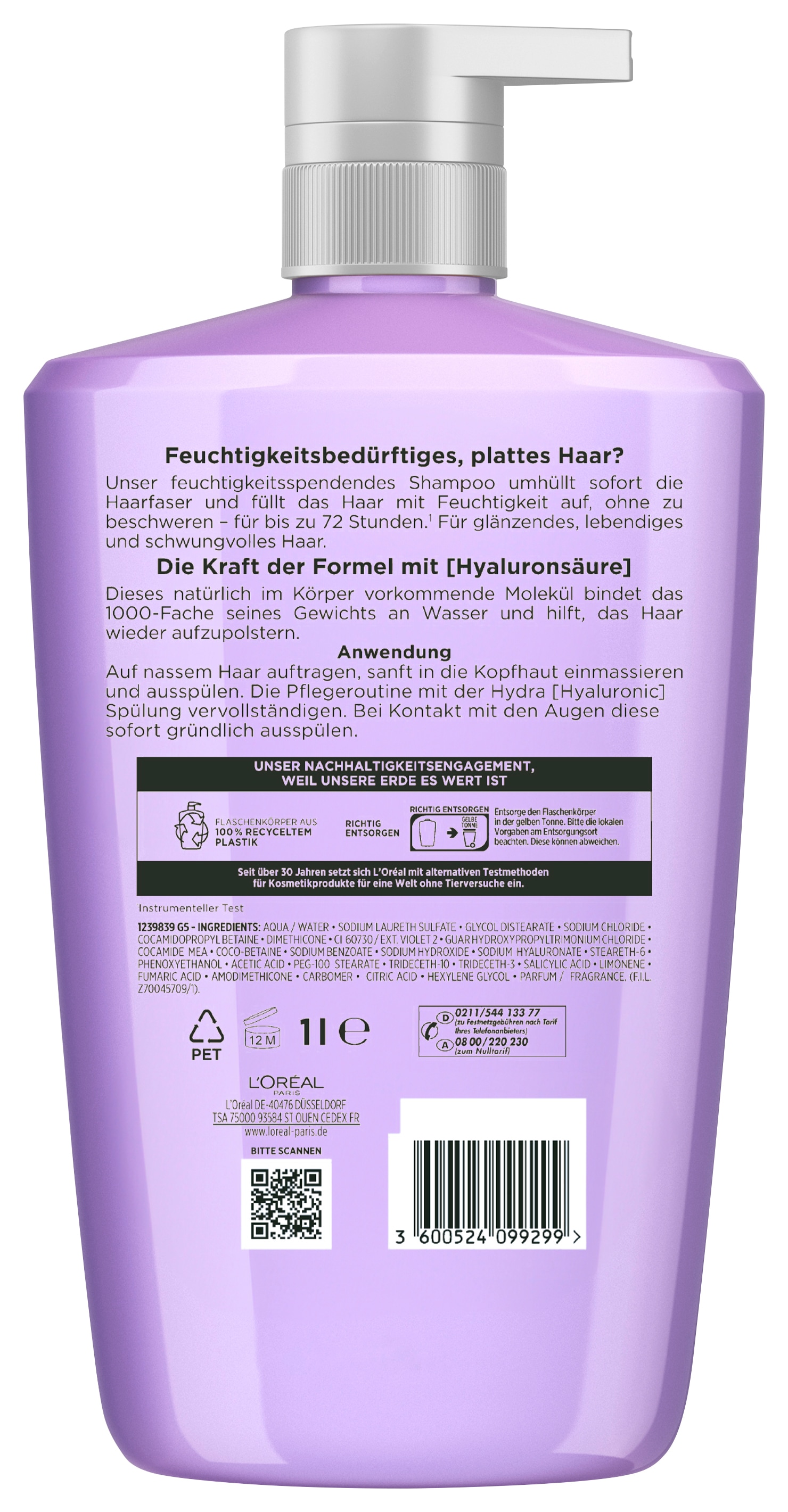 L'ORÉAL PARIS Haarshampoo »ELVITAL HYDRA HYALURONIC SHAMPOO« Hyaluronsäure für trockenes Haar, spendet 72h lang Feuchtigkeit.