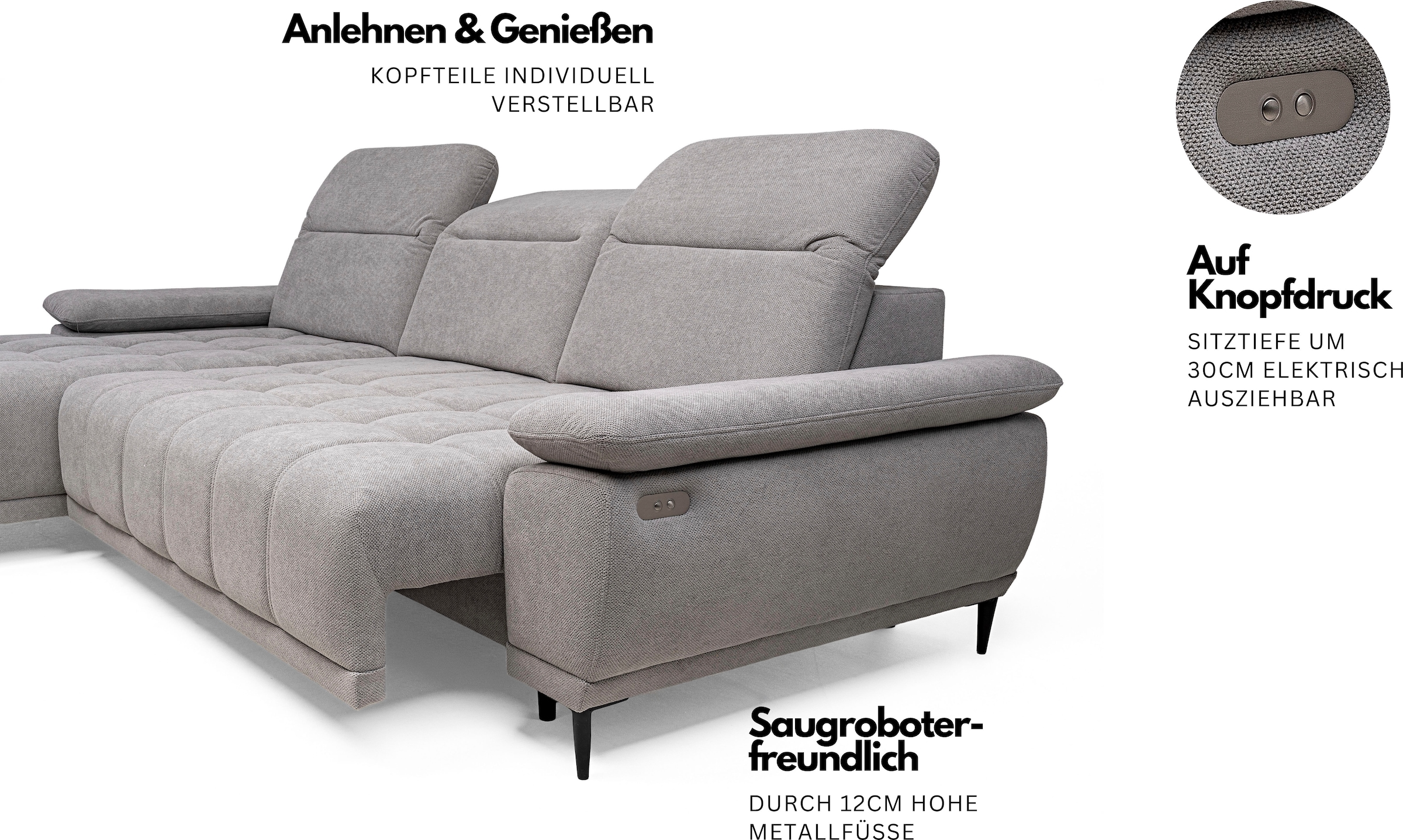 WERK2 Ecksofa »Focus-S, 277 cm breit, elek. Sitztiefenverst., verst. Kopfteile« Luxus-Microfaser weich, L-Form, XXL, elektrische Sitztiefenverstellung