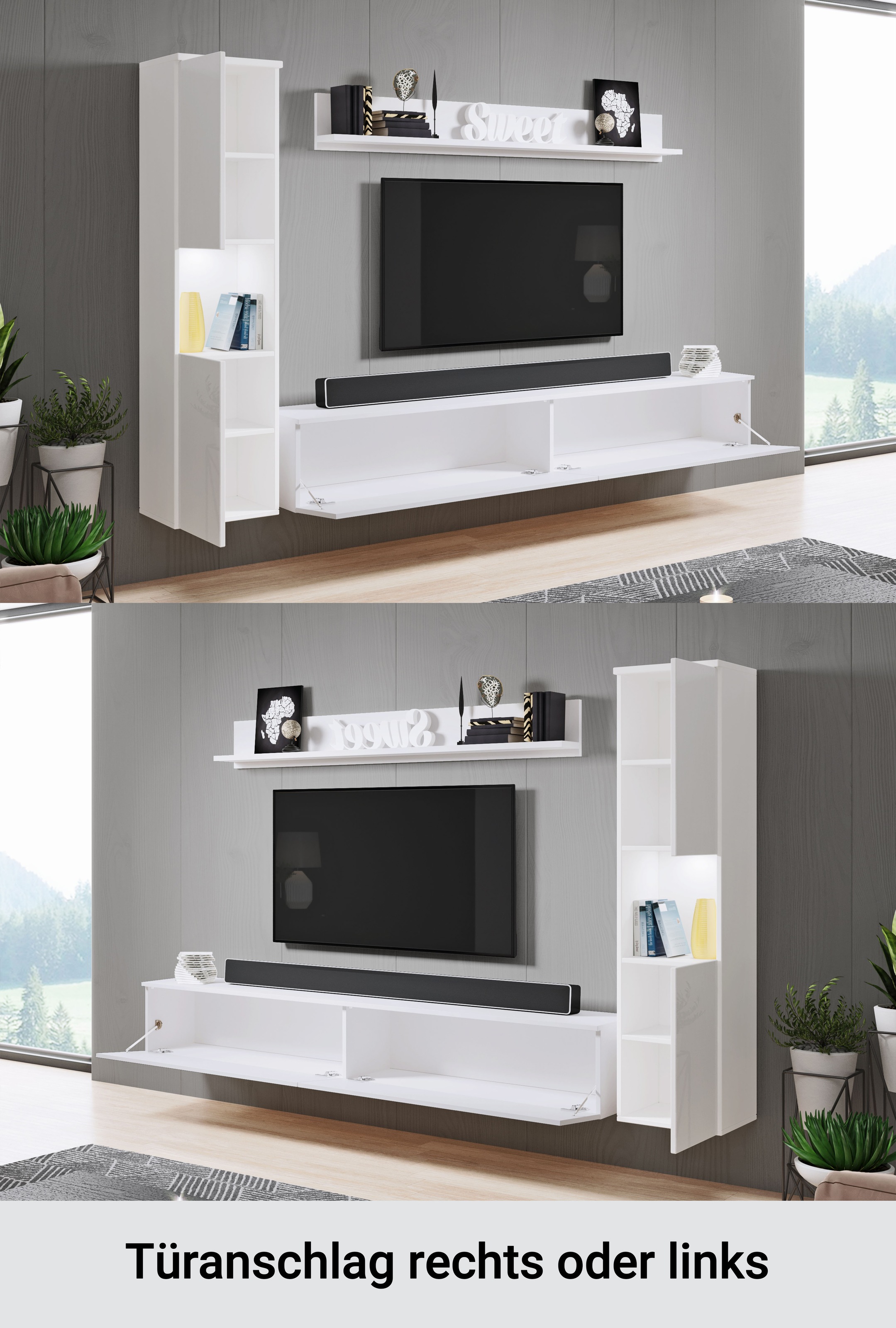 INOSIGN Wohnwand »PARIS, Vitrine Türanschlag links/rechts wechselbar« Komplett-Set, 3 Stk. tlg. grifflose Design, stehend und hängend montierbar