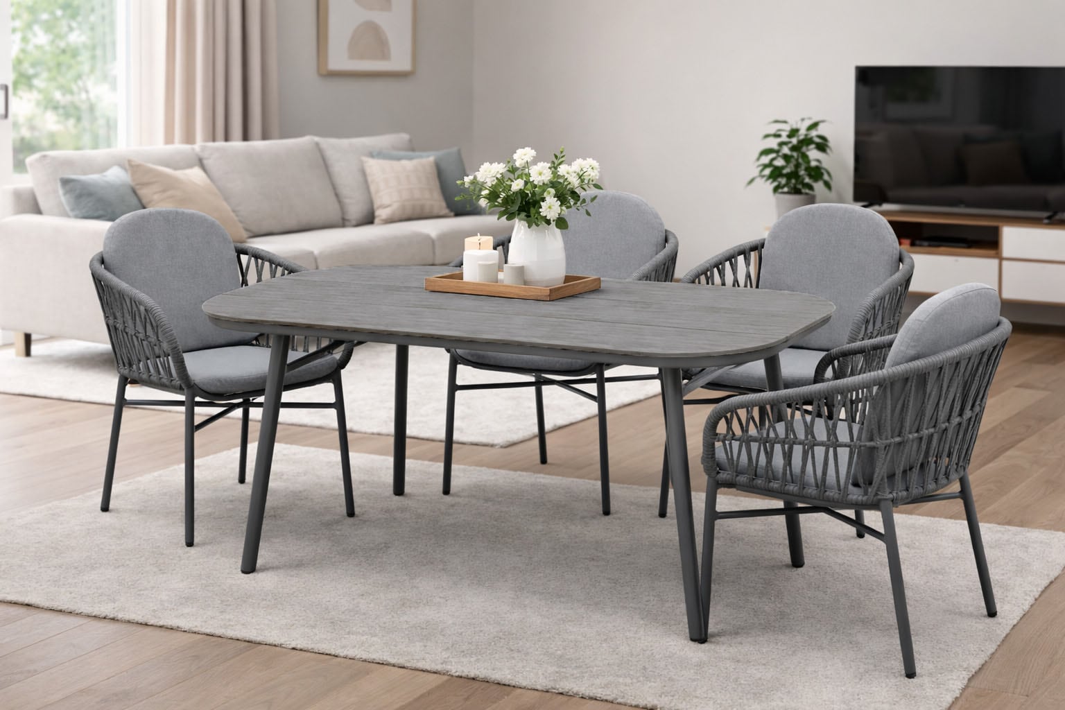 Destiny Garten-Essgruppe »COMO SAN MARINO 4 Se + Tisch OV 180x90cm grau/ anthrazit« Set,  Aluminium, Rope, Polywood